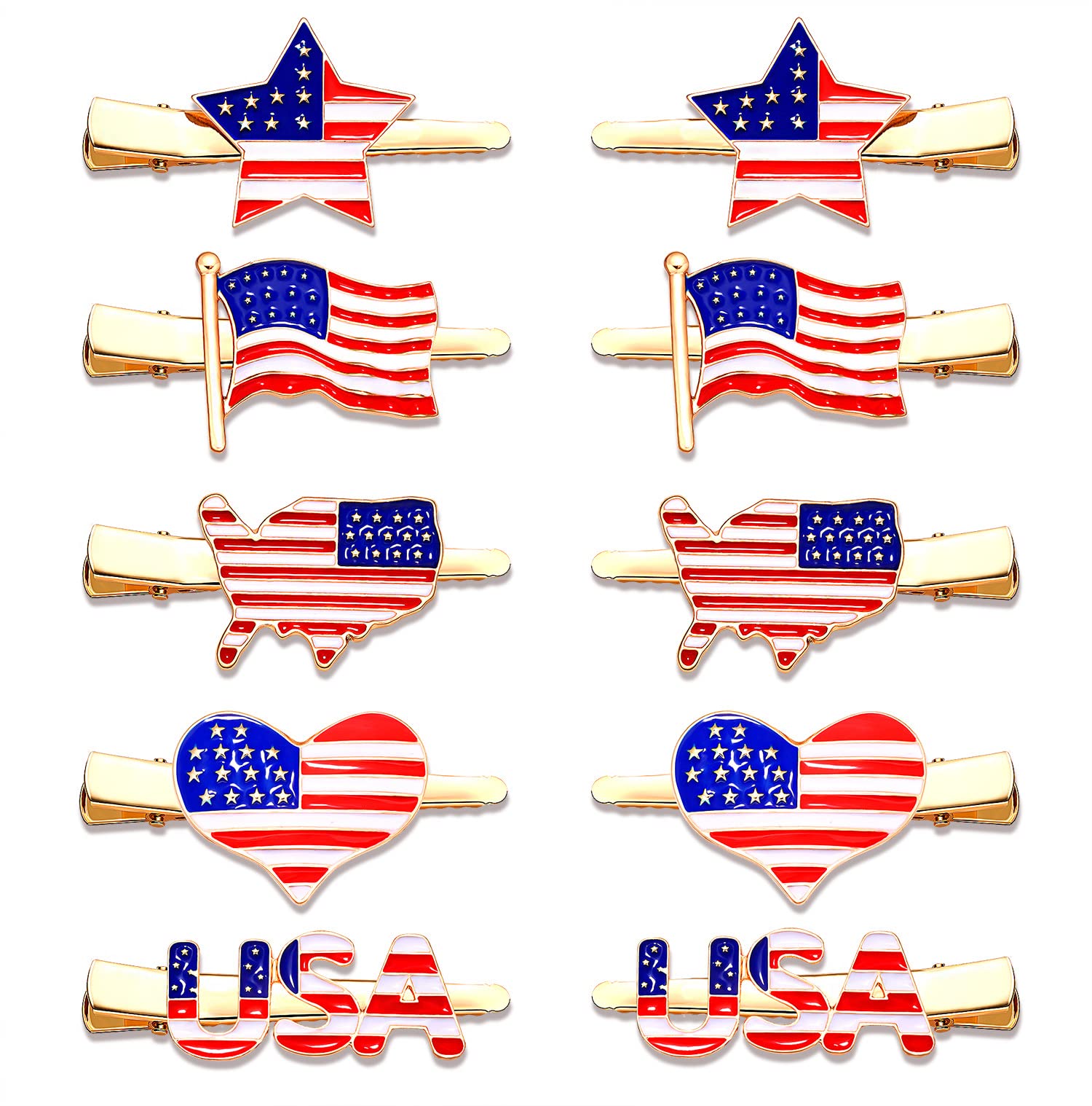American Flag Hair Clips for Women - Enamel Rhinestone Star & Heart Hairpins - USA Independence Day Hair Barrettes - Dainty 4th of July Hair Accessories (5 Pairs) - Perfect for Patriotic Events, Festivals & Everyday Wear