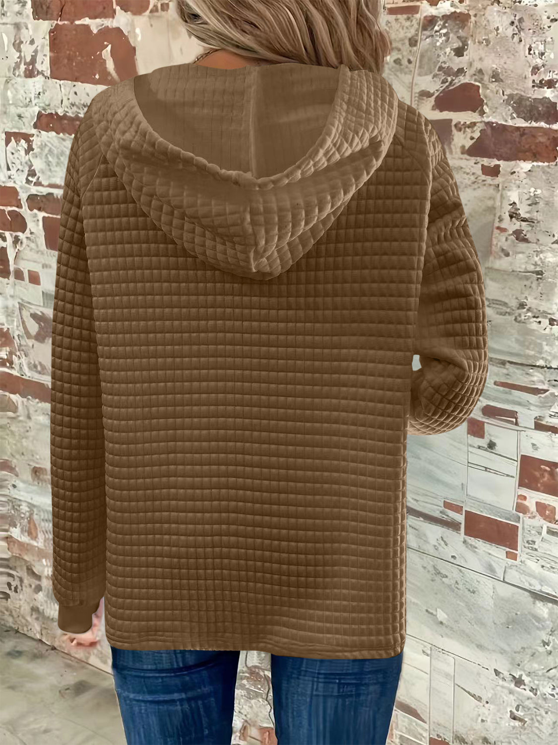 Full Size Textured Button Detail Drawstring Long Sleeve Hoodie for Men & Women - Cozy Casual Wear for Fall Winter Outdoor Activities