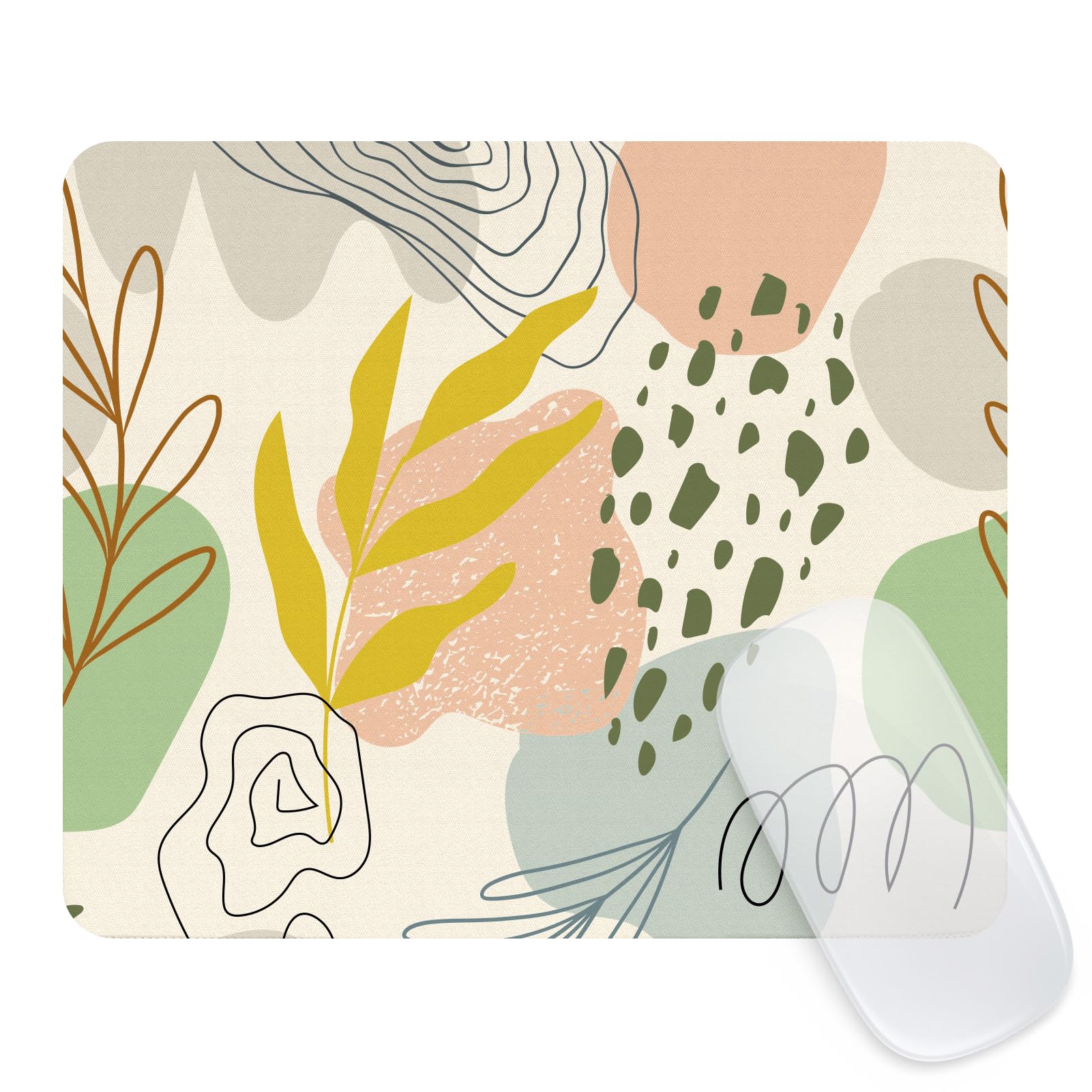 Seorsok Funny Cute Abstract Shape & Leaves Mouse Pad - Premium Textured Office & Home Mouse Mat with Waterproof Surface & Non-Slip Rubber Base for Wireless Mouse - Green Bohemian Doodle Design - Perfect for Workstations, Gaming Setups & Home Offices