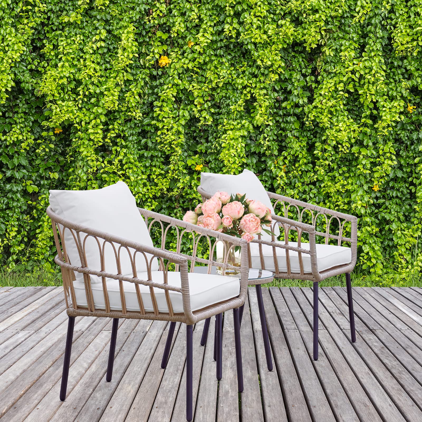 Homsido 3-Piece Bohemian Wicker Patio Furniture Set - Outdoor Rattan Chairs with Coffee Table & Waterproof Cushions - Perfect for Garden, Balcony, and Poolside Relaxation