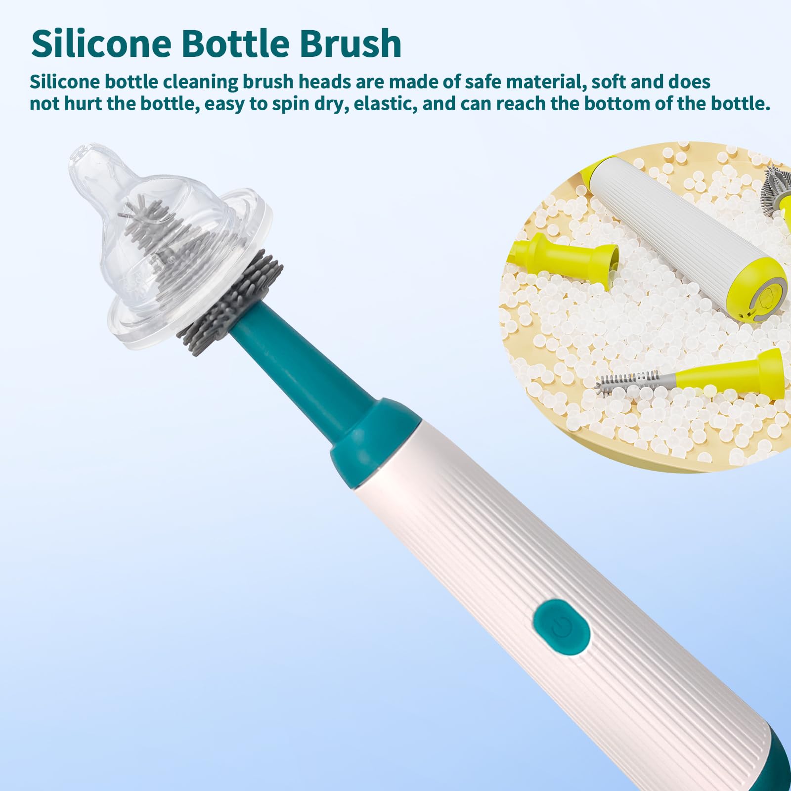 Electric Bottle Brush Set with 3 Replaceable Heads & Extension Handle - Waterproof Silicone Baby Bottle Cleaner for Newborn Essentials (Dark Green) | Perfect for Baby Bottles, Sippy Cups & Breast Pump Parts
