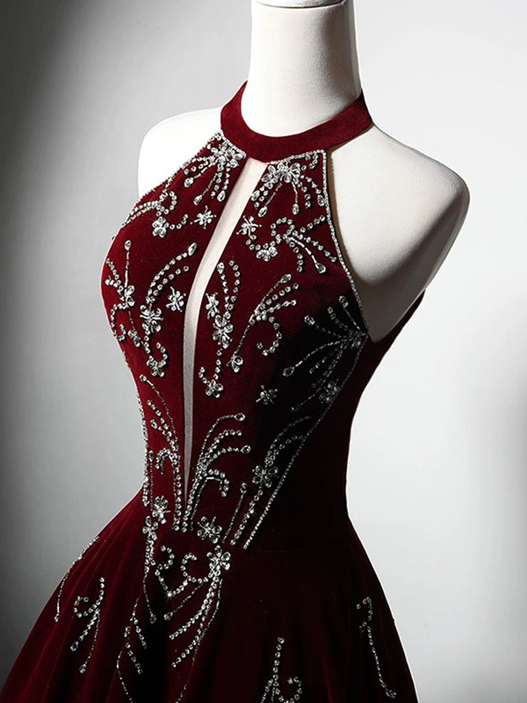 Elegant A-Line Velvet Sequin Beaded Burgundy Long Prom Dress - Formal Evening Gown for Homecoming, Wedding & Special Occasions