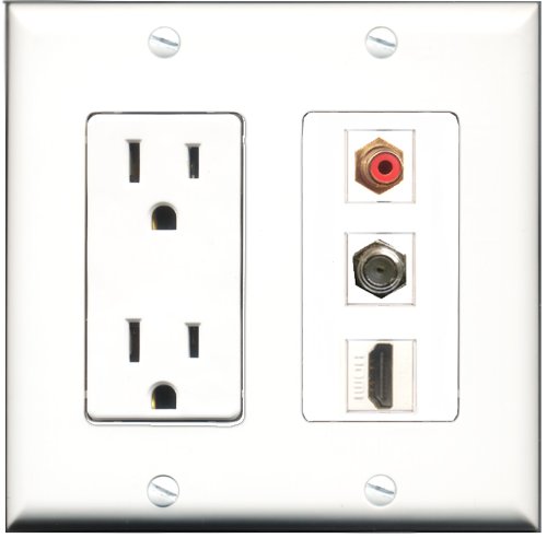 RiteAV 15 Amp Power Outlet with HDMI, RCA, and Coax Ports - Decorative Wall Plate for Home Theater and AV Setup