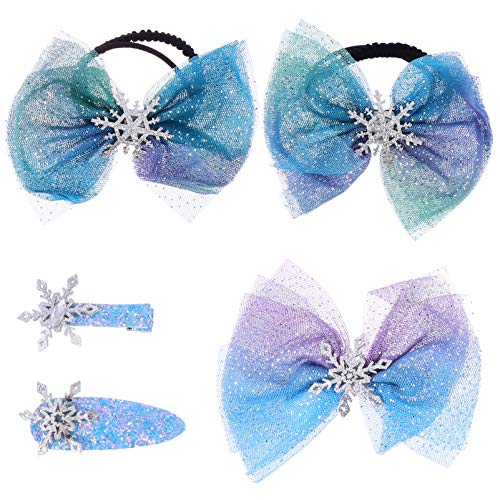 Lurrose 3pcs Elsa Hair Accessories Set - Snowflake Sequins Hair Clips, Barrettes & Bow Ties for Girls (Christmas, Birthday, Cosplay, Party, Disney Frozen Theme)