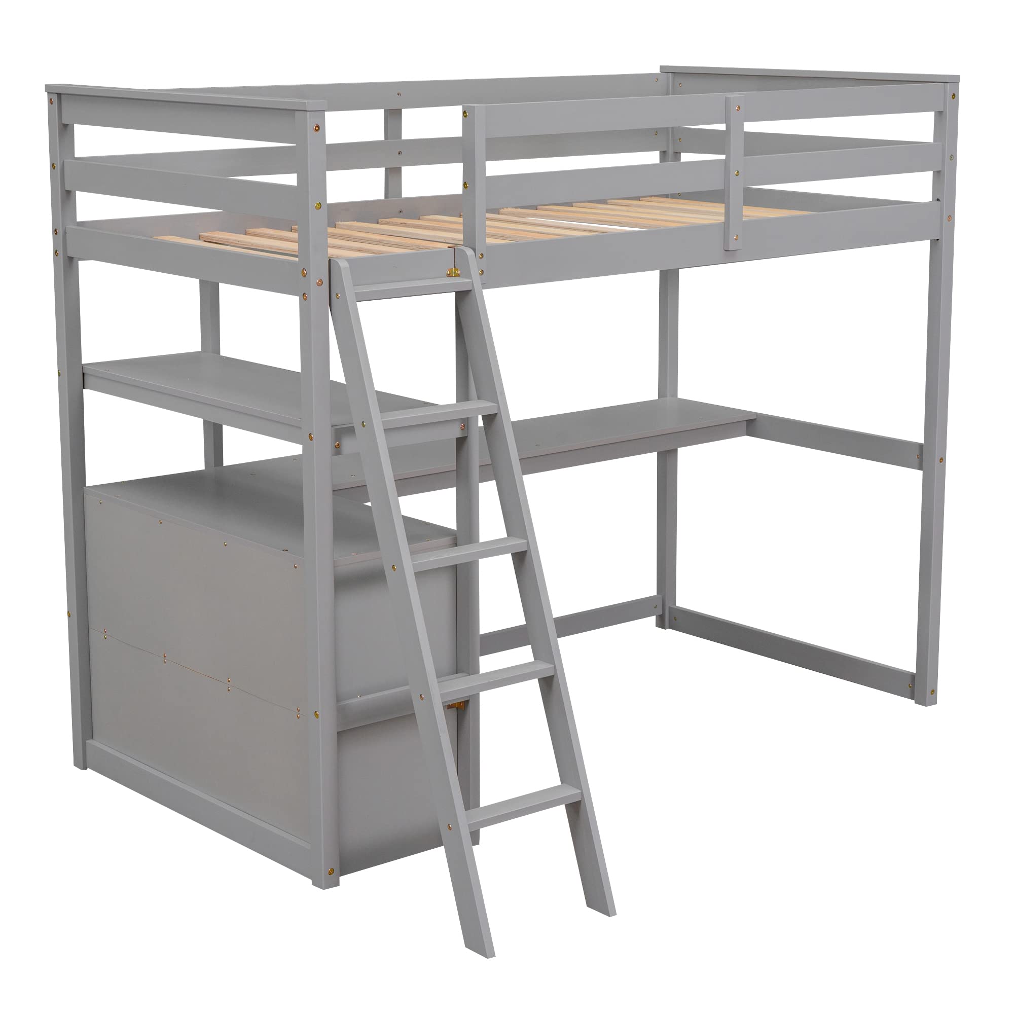 Harper & Bright Designs Twin Size Loft Bed with Desk & Shelves for Kids - Space Saving Study Bed with 2 Built-in Drawers, Gray - Perfect for Small Bedrooms, Dorm Rooms & Kids Study Areas