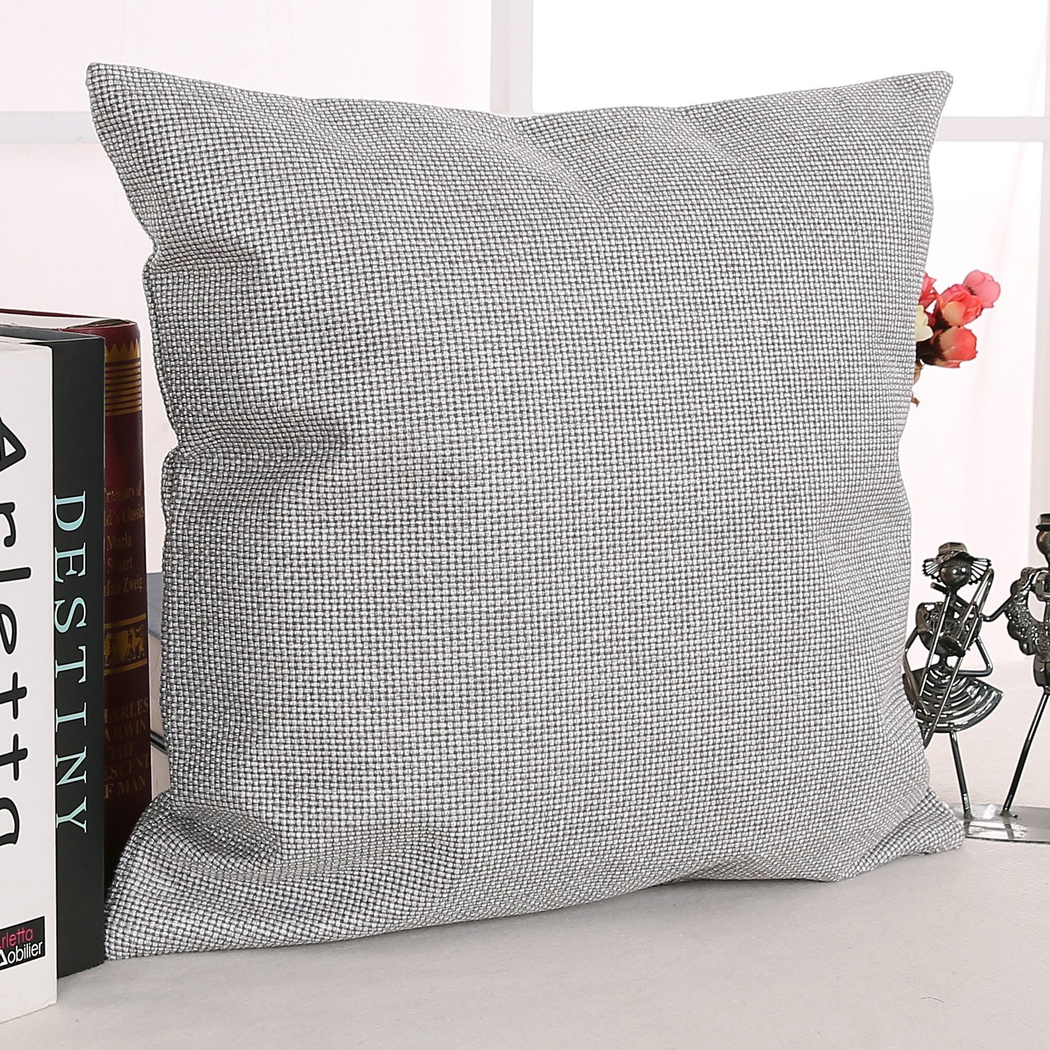 Deconovo Handmade Decorative Throw Pillow Covers 18x18 Inch - Light Grey Faux Linen Cushion Covers for Sofa, Bed, Car & Home Decor