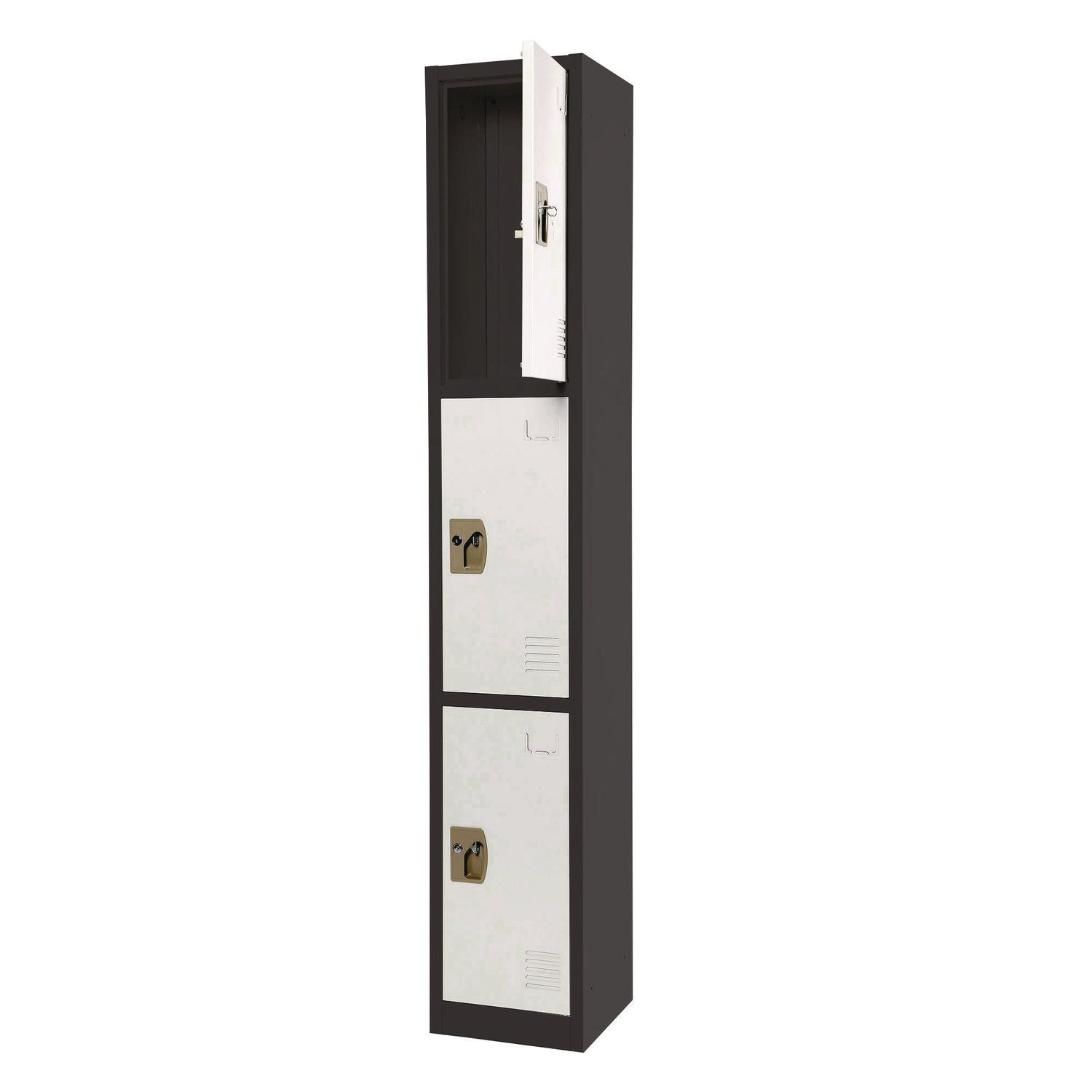 Steel Storage Locker with 3 Compartments - 12 x 12 x 72 Inches, Black Body & White Doors - Heavy-Duty School, Gym, or Office Locker for Secure Storage