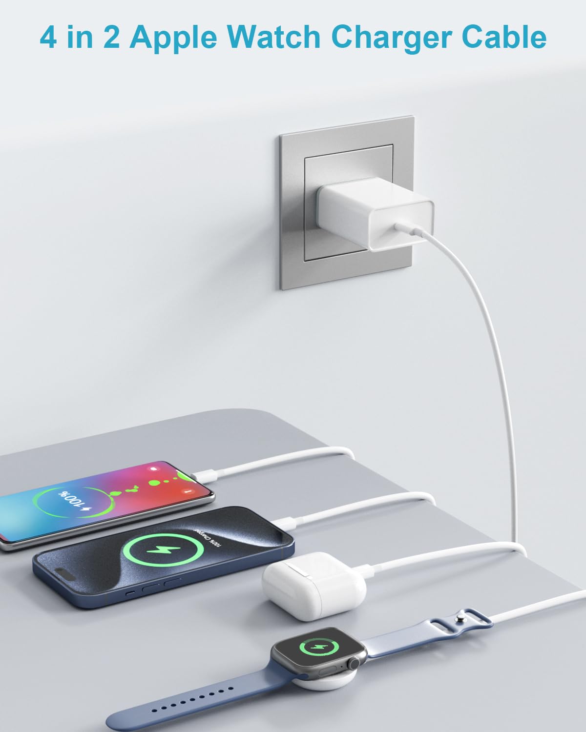 Apple Watch Charger 4-in-2 Fast Charging Cable - USB C & Lightning Compatible with Apple Watch Series 9/8/7/6/5/4/3/Ultra & iPhone 15/14 - Perfect for Travel, Office and Home Charging