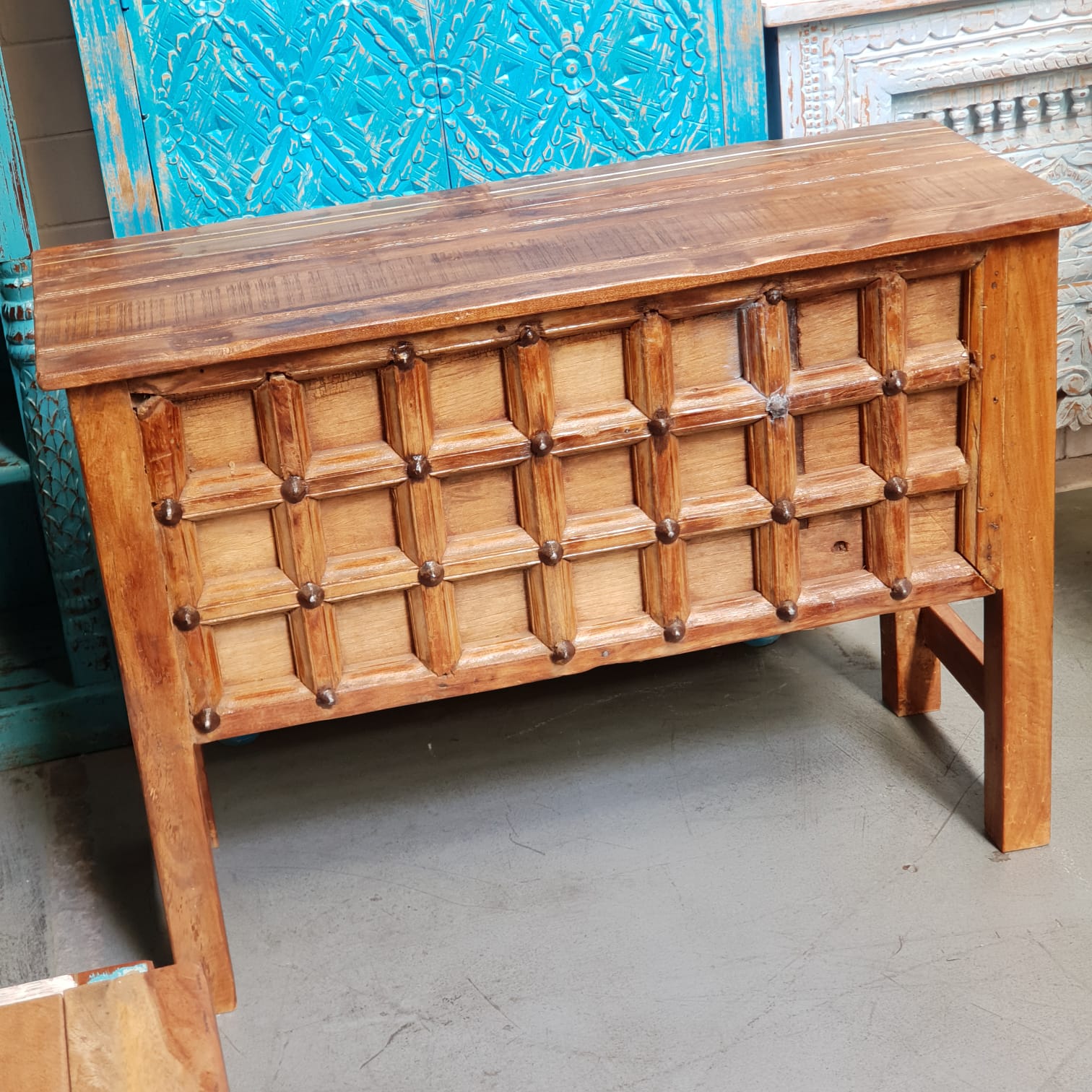 Handmade Carved Solid Hardwood Console Table with Iron Fittings - Rustic Entryway Table for Hallway, Living Room & Farmhouse Decor