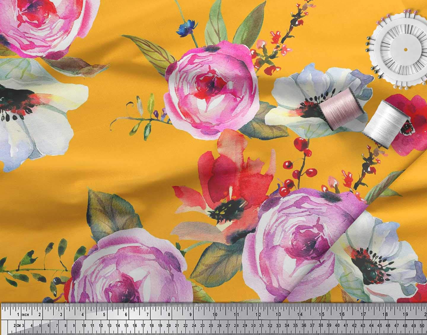 Soimoi Moss Georgette Orange Fabric by The Yard - 42 Inch Wide Floral Printed Fabric with Leaves & Peony Design for DIY Crafts, Dresses, Curtains & Home Decor | Lightweight Sheer Fabric for Sewing Projects & Fashion Design