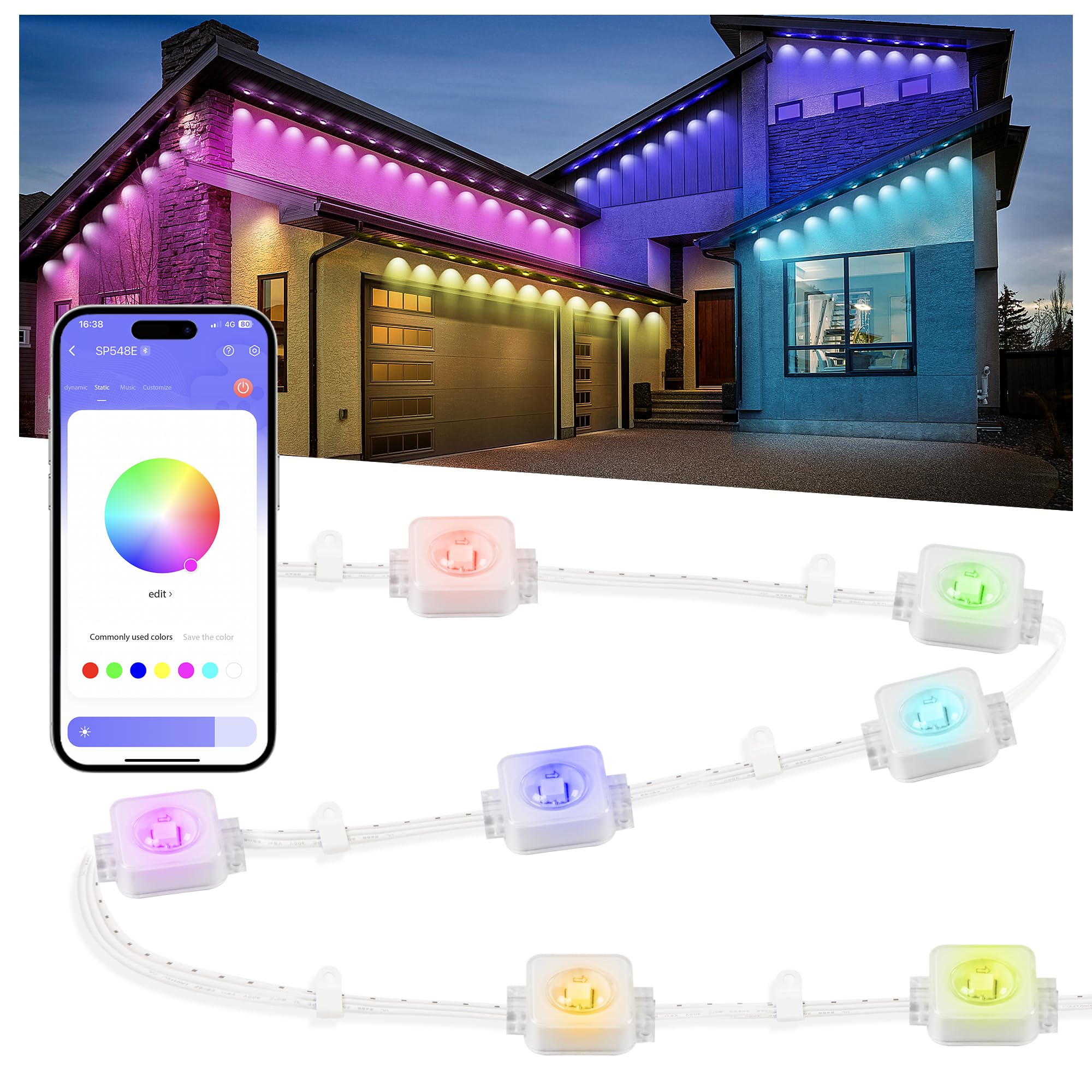 Nexillumi 100ft Smart RGB Permanent Outdoor Lights for House - IP68 Waterproof Eaves Lighting with 72 Scene Modes | Christmas Holiday Decorations, Patio, Garden, Facade & Landscape Lighting for Year-Round Use