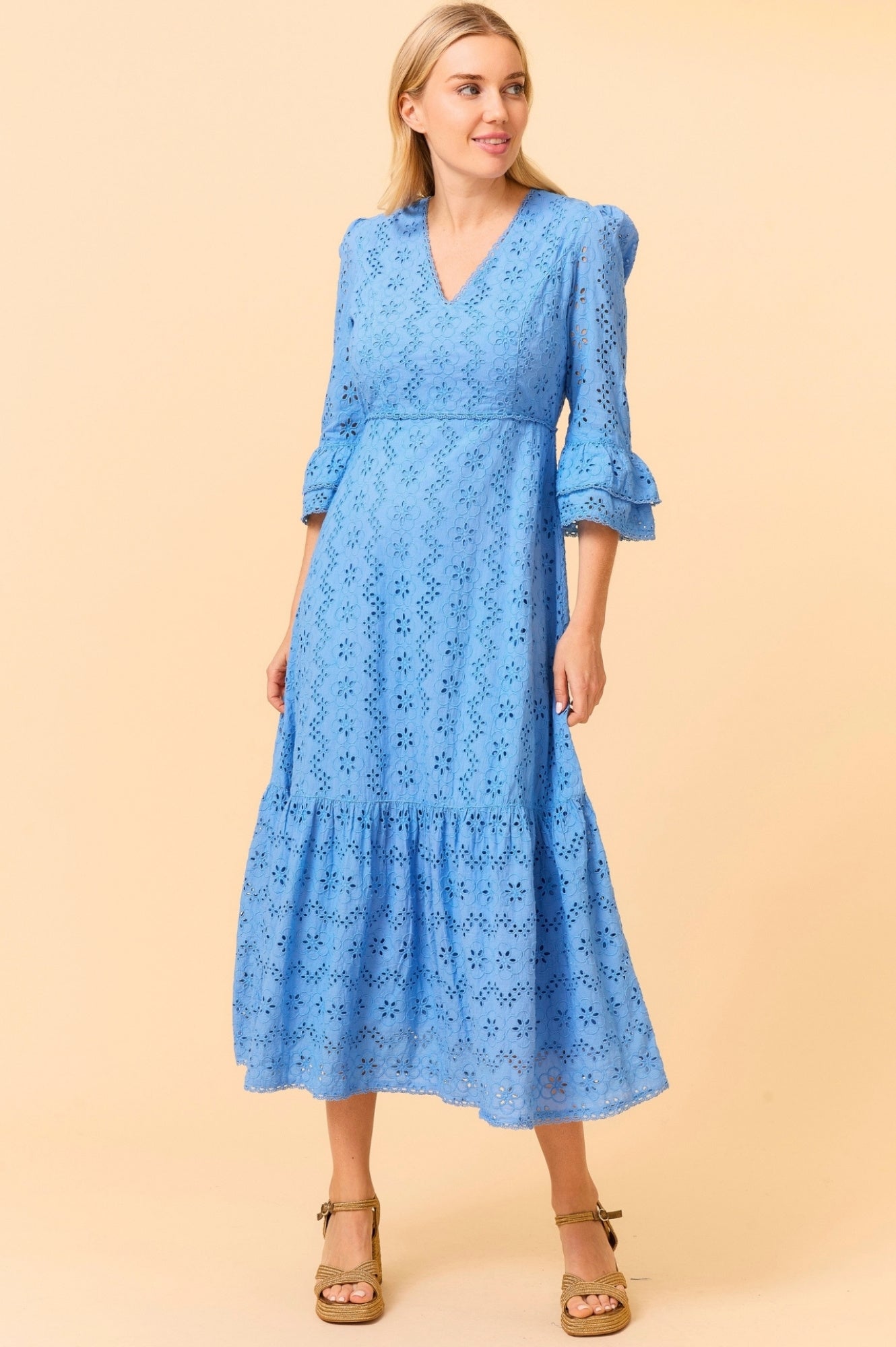 Victoria Broderie Floral Embroidered Summer Dress for Women - Blue Flowy Maxi Dress | Beach Wedding, Vacation & Party Wear