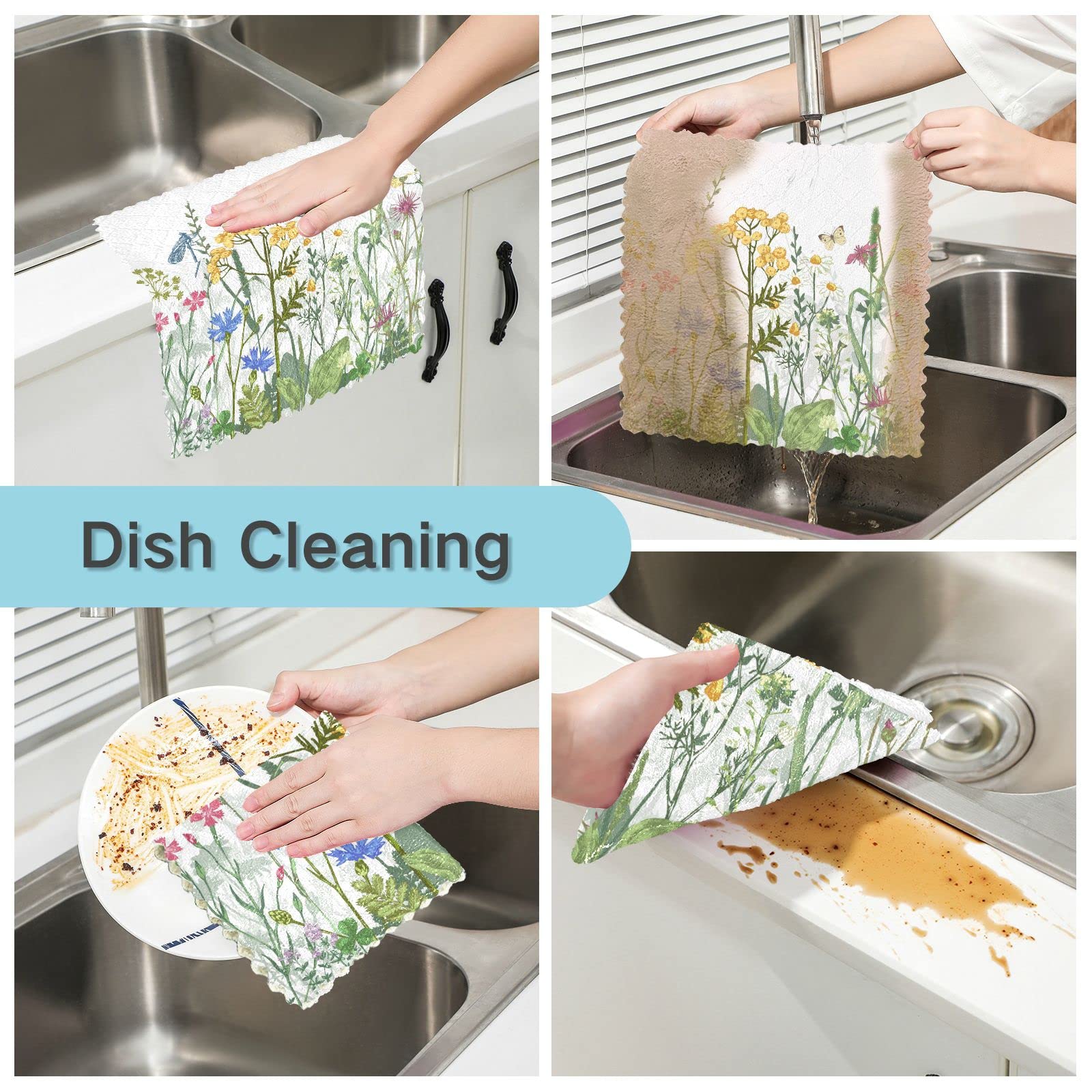 Kcldeci 6-Pack Colorful Herbs & Flowers Microfiber Dish Cloths - Super Absorbent Reusable Kitchen Towels for Washing Dishes, Cleaning & Draining - Perfect for Daily Kitchen Use, Dish Drying & Countertop Cleaning