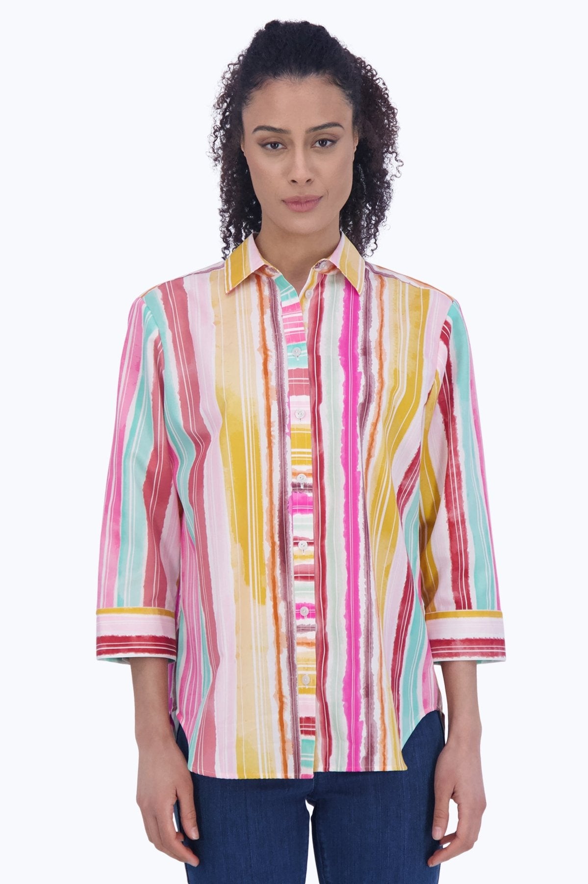 Stylish Boyfriend Spring Watercolor Stripe 3/4 Sleeve Tunic Top for Women | Flowy Casual Blouse | Perfect for Spring Outfits, Date Nights & Weekend Wear