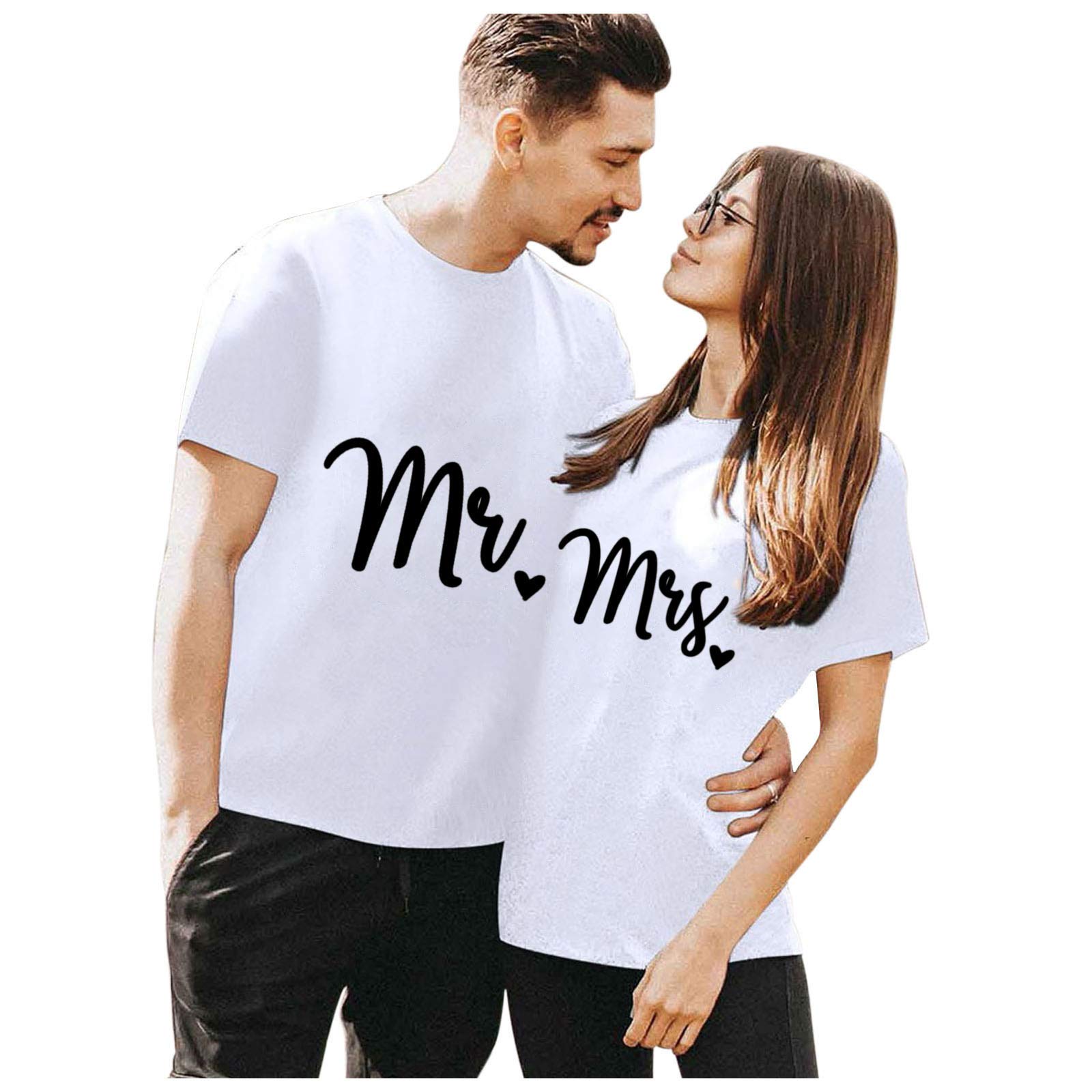 His & Her Matching Couple T-Shirts - Mr & Mrs Letter Print Short Sleeve Tees for Men & Women - Perfect for Anniversaries, Date Nights & Romantic Getaways