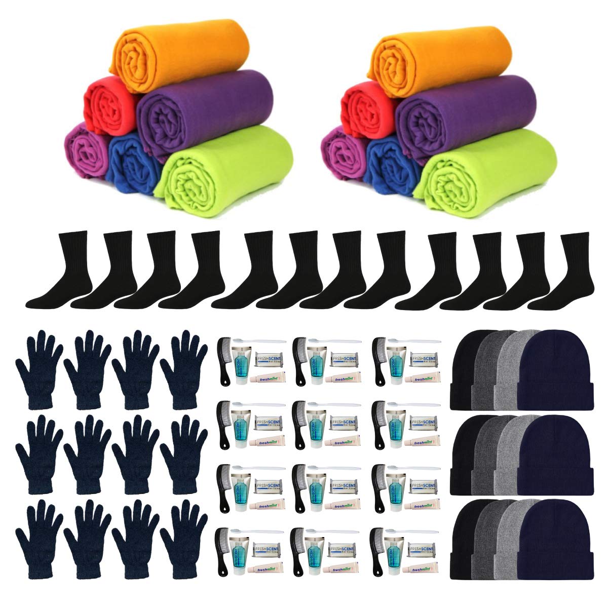 60-Piece Winter Survival Kit - Fleece Gloves, Beanies, Socks & Blankets with Hygiene Essentials | Unisex Cold Weather Accessories for Camping, Emergency Preparedness & Outdoor Activities