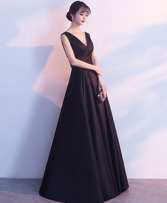 Elegant Black V-Neck Satin Long Prom Dress - Formal Evening Gown for Bridesmaids, Homecoming, and Special Occasions