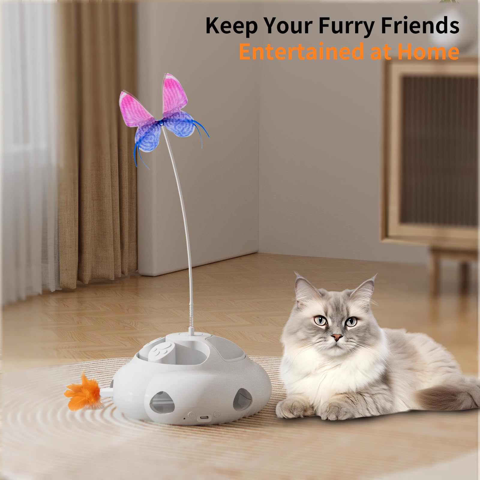 Interactive Cat Toys for Indoor Cats - 4-in-1 Rechargeable Cat Toy Set with Puzzle Feeder, Motorized Butterfly & Feather Wand | Engaging Play for Exercise & Mental Stimulation (White)