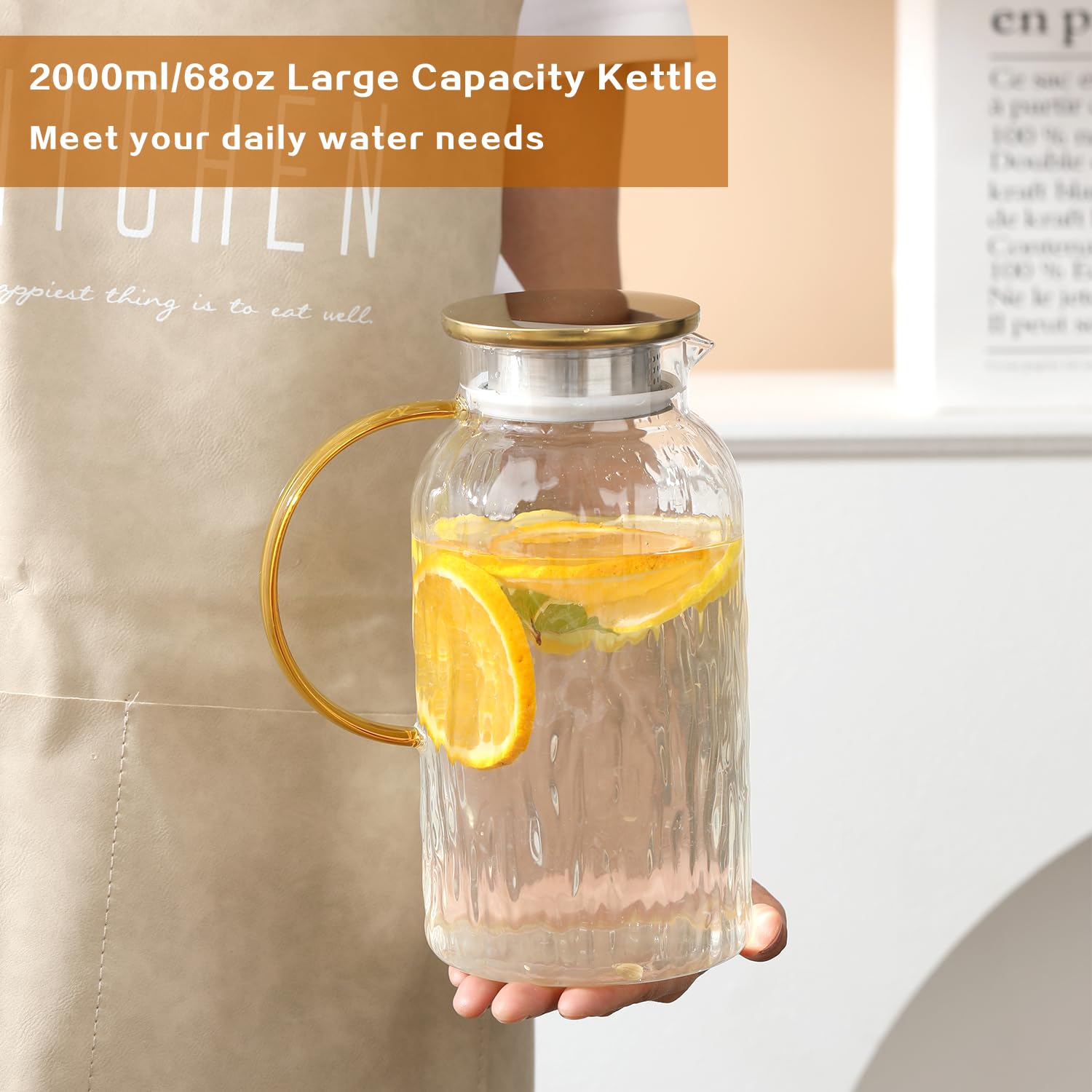 68 oz (2 Liter) Large Glass Pitcher with Lid - Heat Resistant Water Pitcher with Handle for Juice, Milk, Cold & Hot Drinks - Perfect for Kitchen, Dining, Parties & Mother's Day Gifts