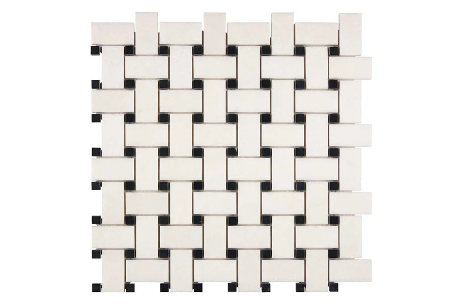 White Thassos Marble Basketweave Black Mosaic Tile - Premium Natural Stone Wall & Floor Tile for Bathroom, Kitchen Backsplash, and Shower Surround