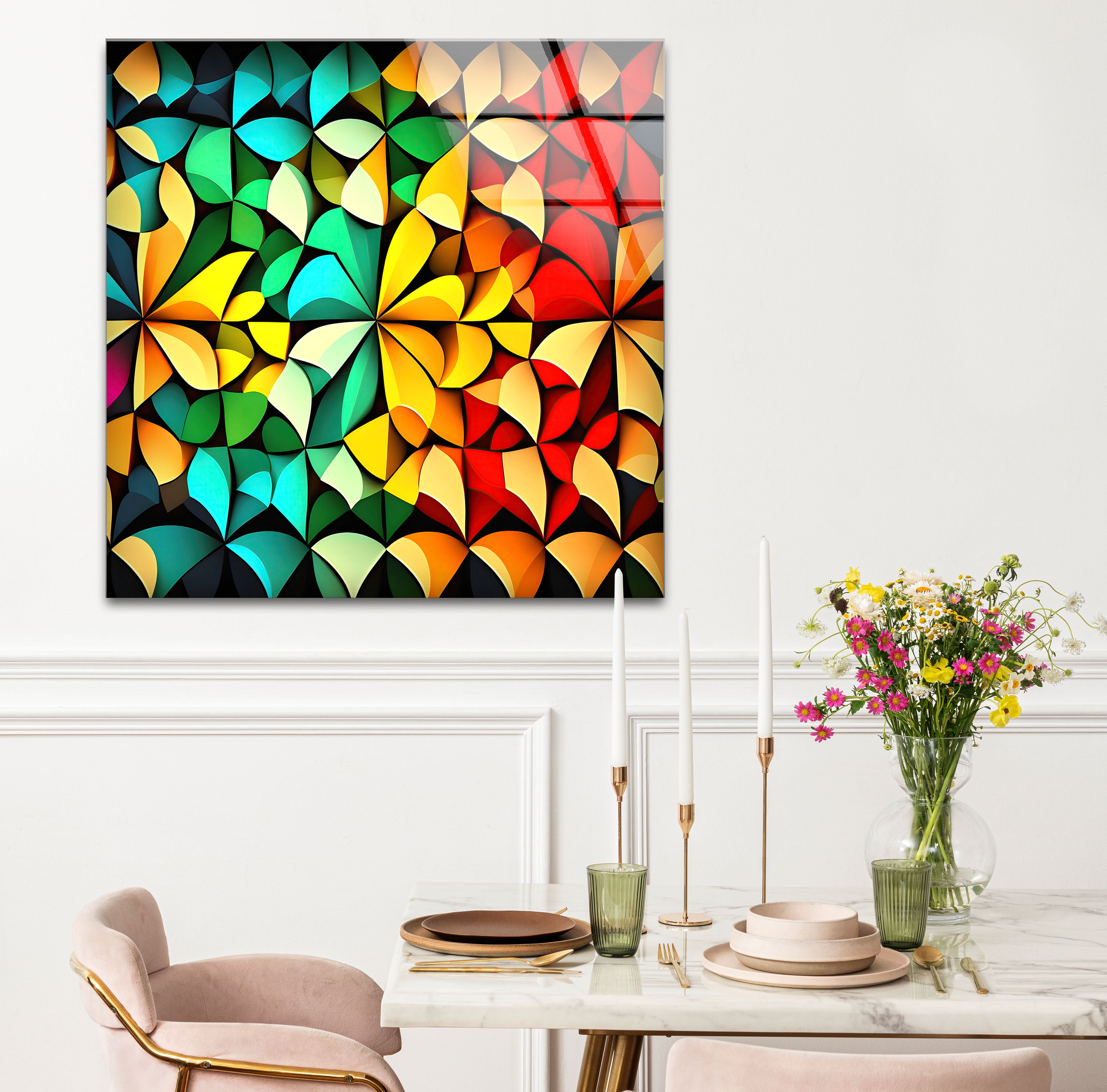 Vibrant Geometric Glass Wall Art - Modern 3D Abstract Design for Living Room, Bedroom & Office Decor