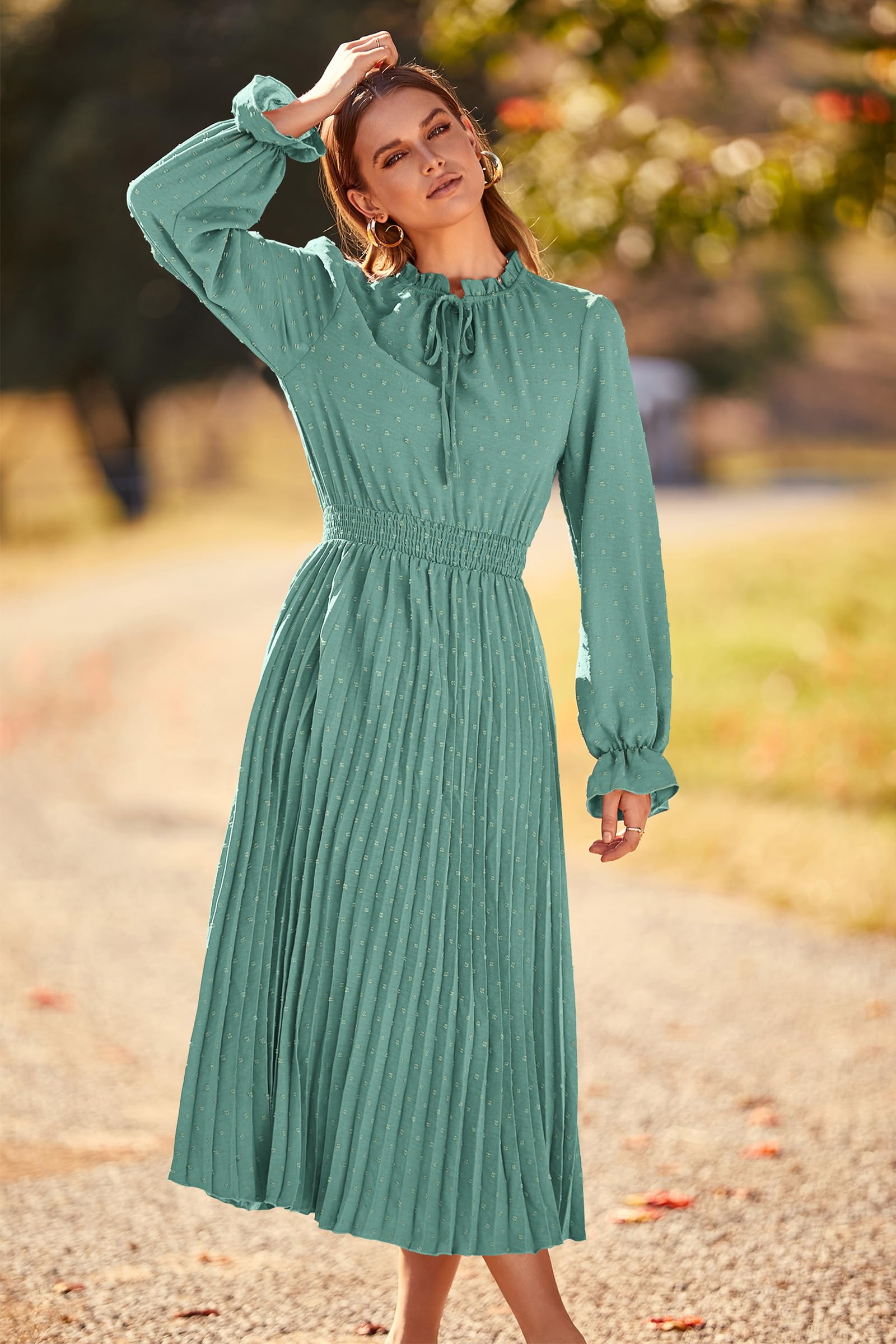 PRETTYGARDEN Women's 2025 Spring Fall Midi Dress - Long Sleeve V-Neck Swiss Dot Pleated A-Line Flowy Casual Dress for Work, Party & Date Night | Elegant Office Wear & Special Occasion Outfit