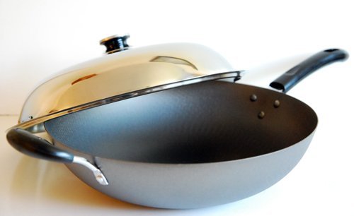 13.5 Inch Iron Wok with Stainless Steel Lid - Flat Bottom Stir Fry Pan for Gas & Induction Stoves - Perfect for Asian Cooking, Sautéing & Deep Frying
