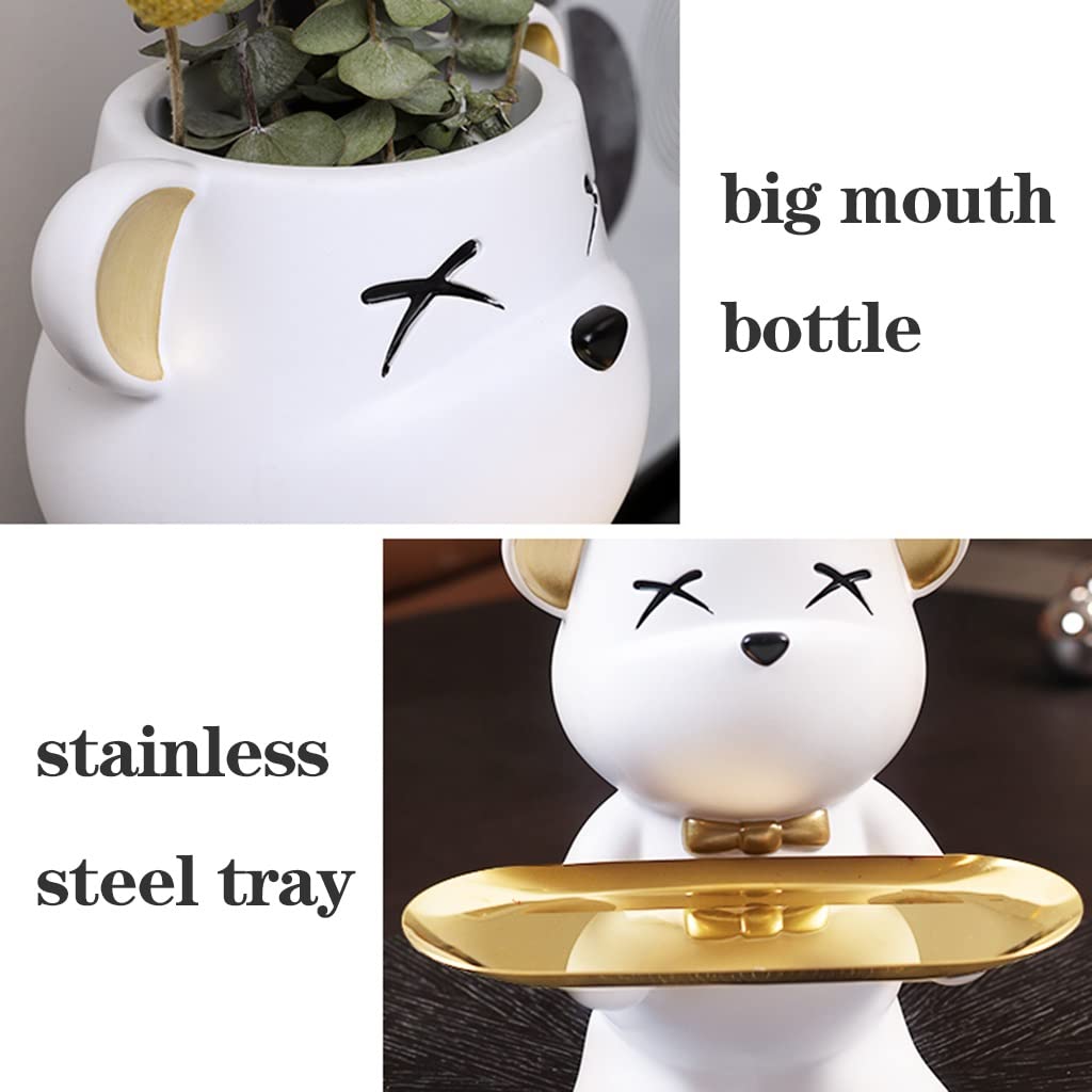 Cute Bear Figurine Vase - Resin Animal Sculpture Key & Jewelry Holder, Candy Dish Tray for Home Decor - Perfect for Living Room, Bedroom, Entryway or Desk (White)