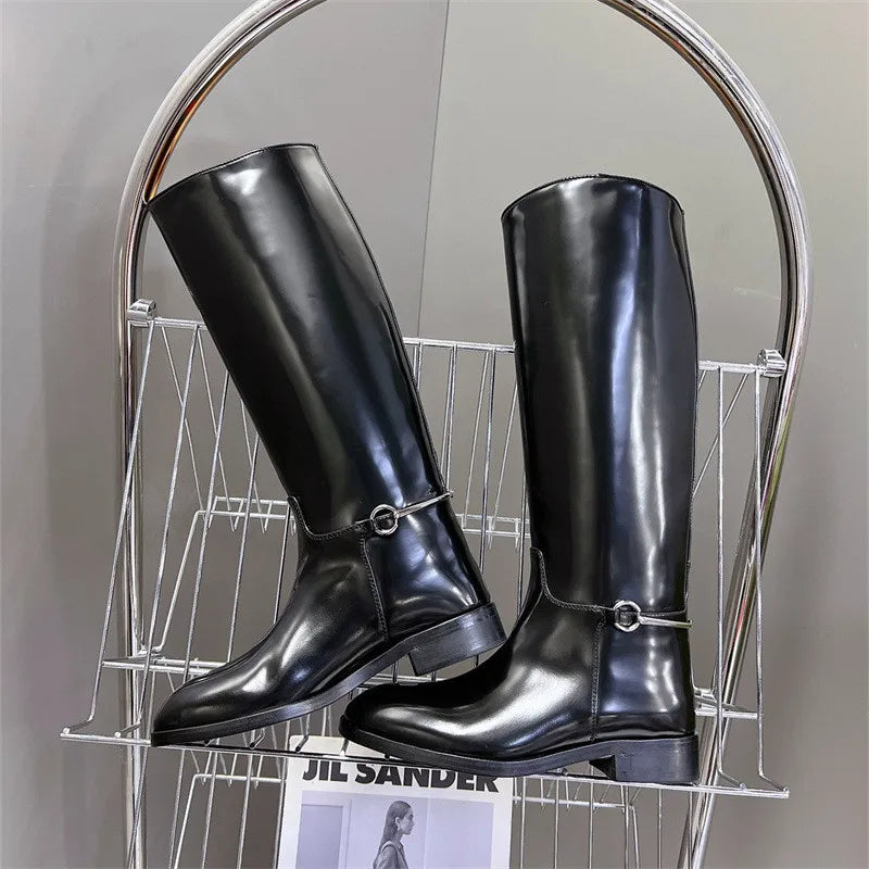 Women's Knee High Boots - Round Toe Low Heel Knight Boots for Autumn & Winter | Sexy Slip-On Thick Sole Motorcycle Shoes | Perfect for Casual Outfits, Riding & Night Out