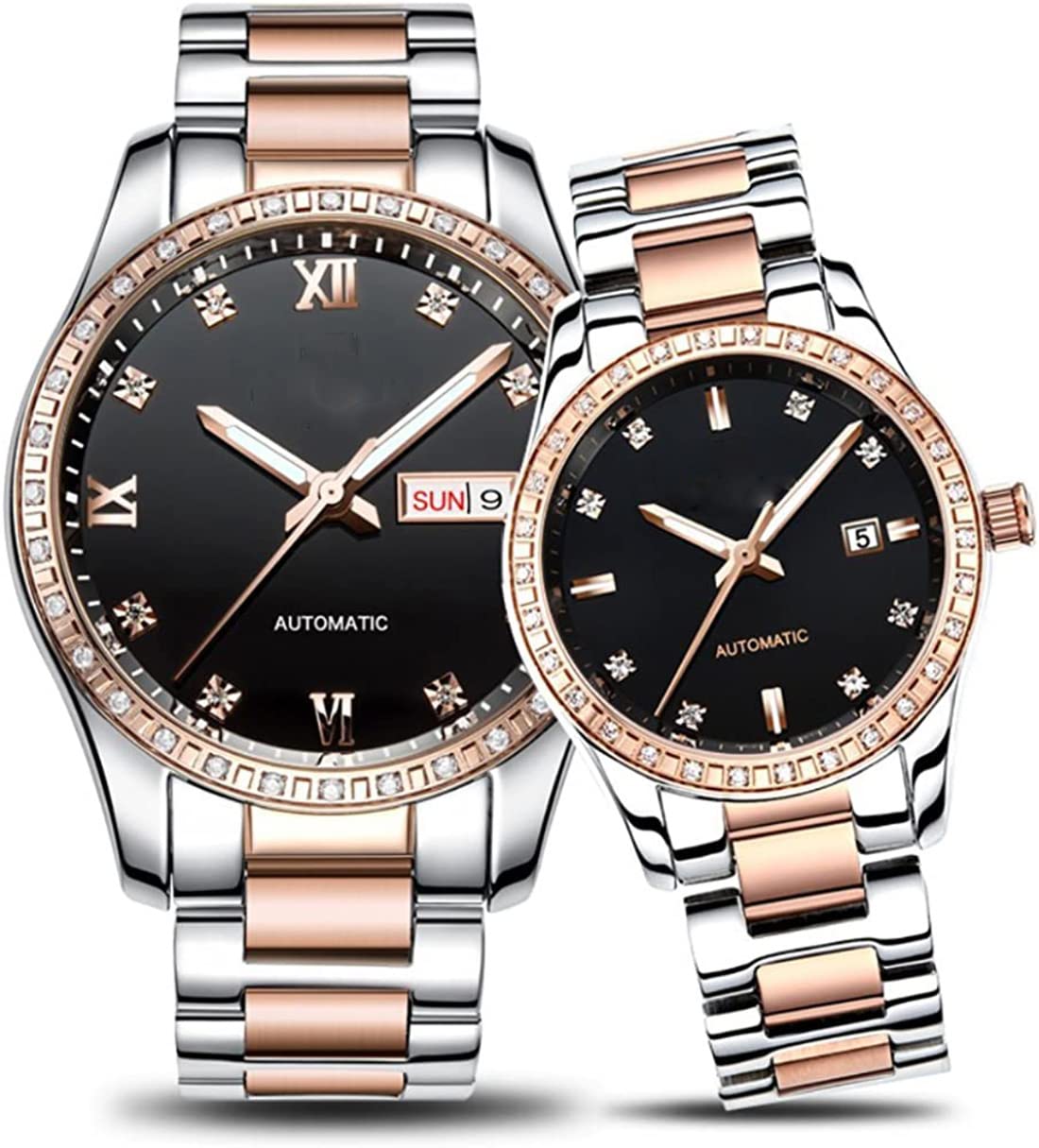 Automatic Self-Winding Couple Watches Set - Luxury Stainless Steel His & Hers Matching Watches with Calendar Date Display - Perfect Anniversary, Wedding, and Valentine's Day Gifts for Couples