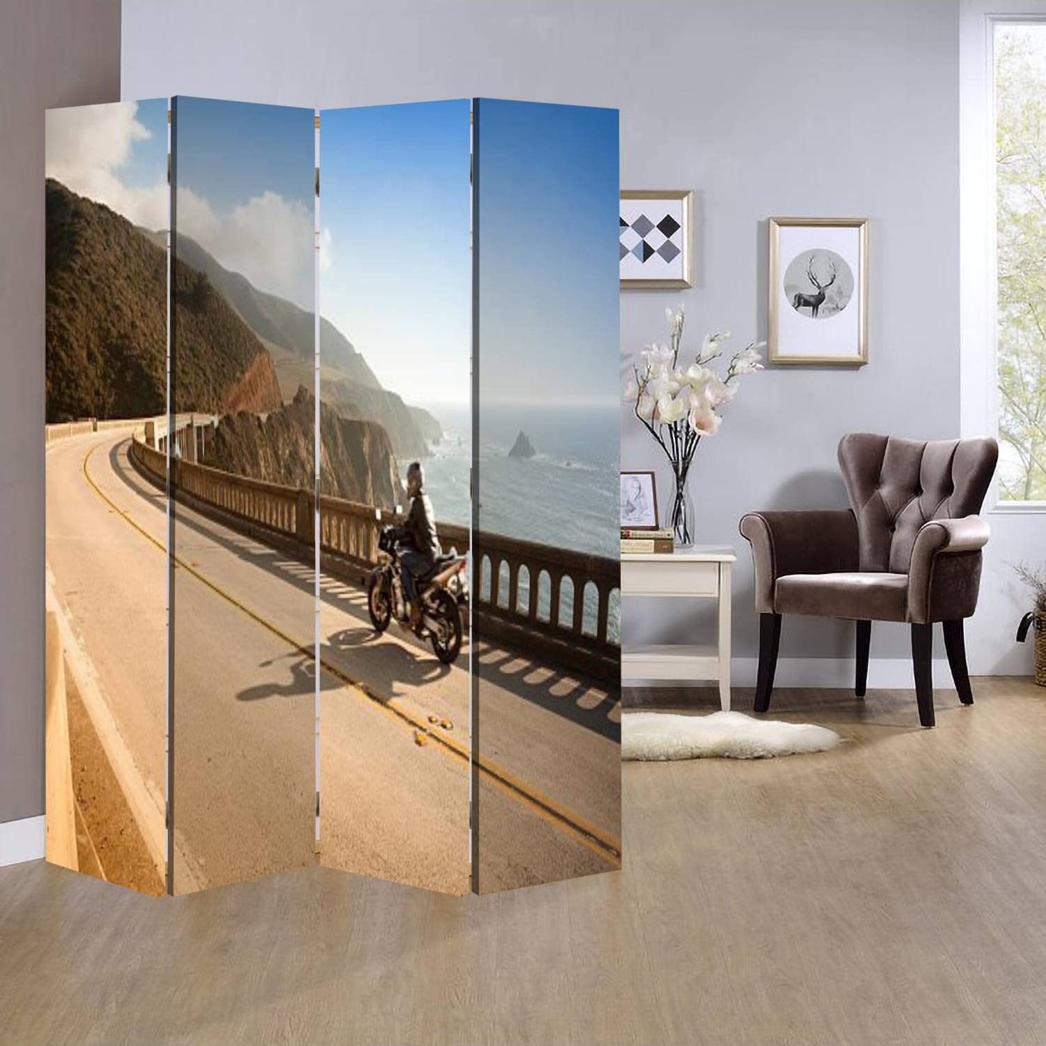 Wooden Room Divider - 4-Panel Folding Privacy Screen with Canvas Design, Dual-Sided Wall Partition for Home & Office | Perfect for Motorcycle Display, California-Themed Decor & Indoor Space Division