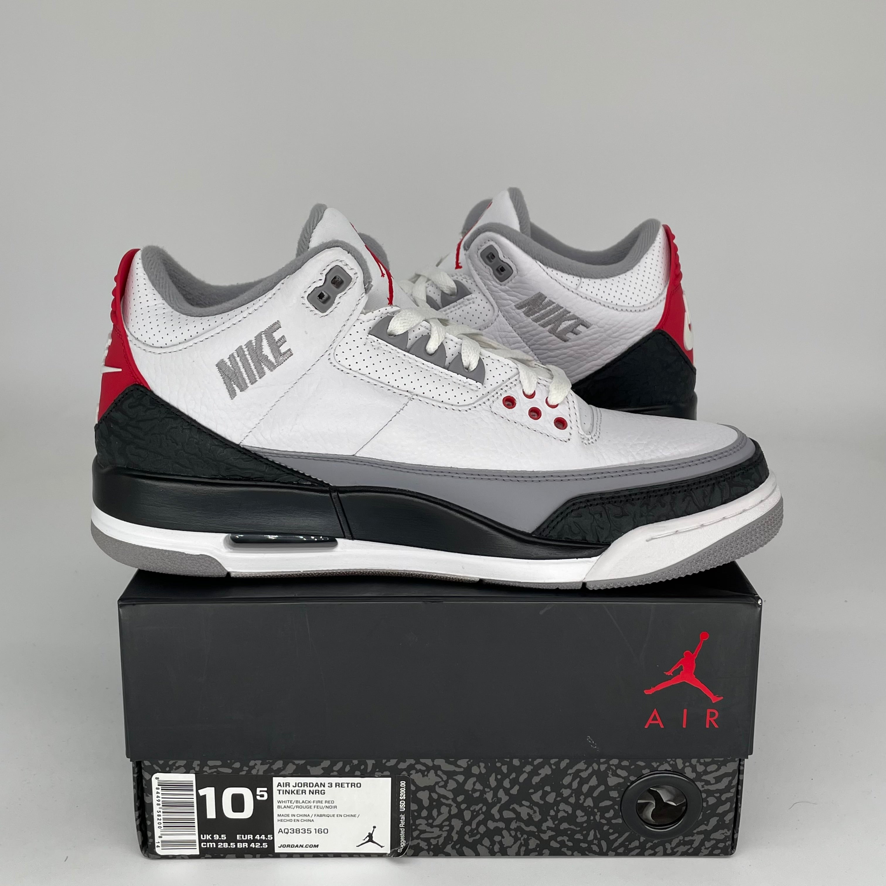 AIR JORDAN 3 TINKER HATFIELD Men's Basketball Shoes Size 10.5 White/Fire Red-Cement Grey AQ3835-160 - Perfect for Streetwear, Sneaker Collecting & Basketball Games