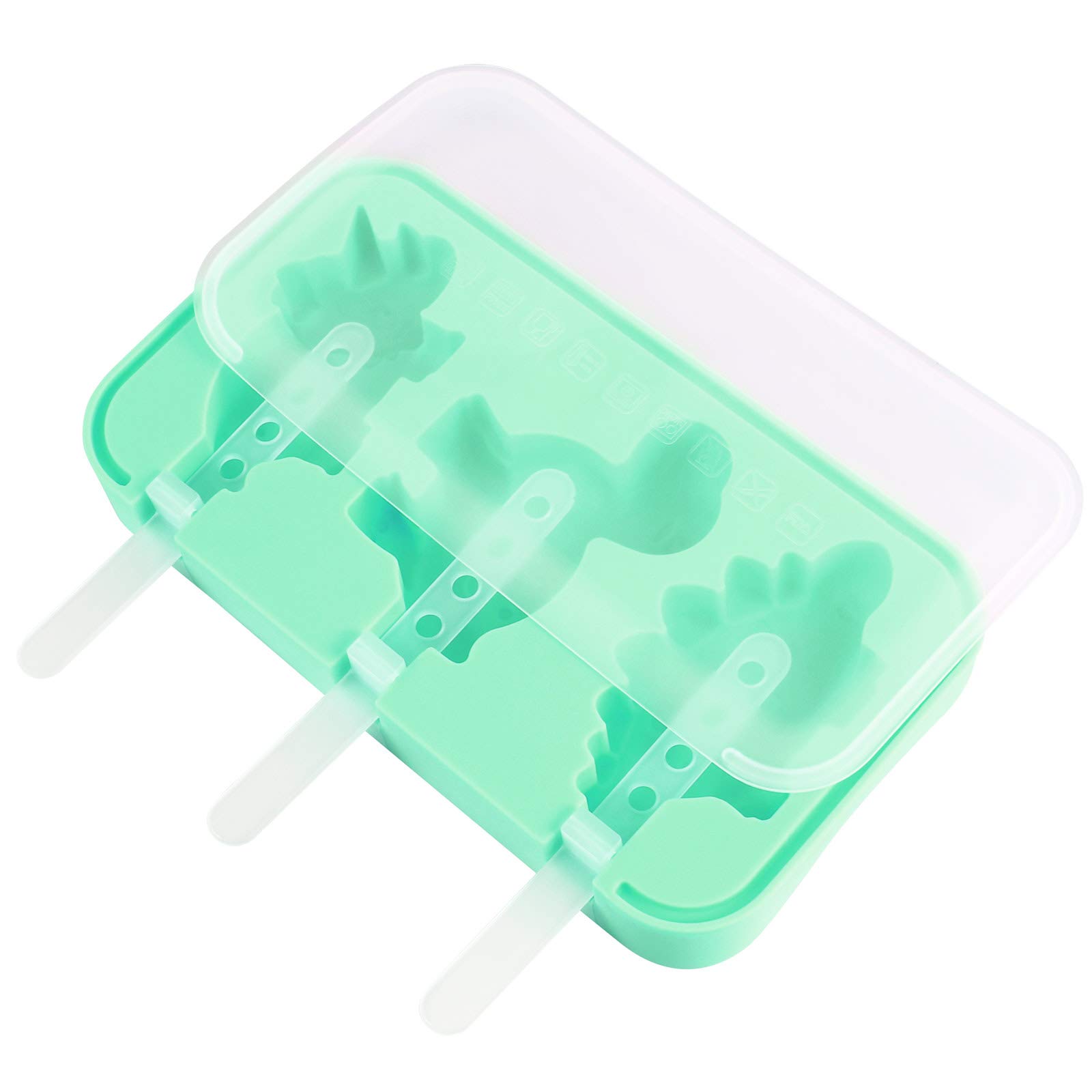 Dinosaur Ice Cream Molds - 3 Slot Non-Stick Silicone Ice Cream Maker for Kids, BPA Free Food Grade Silicone - Light Green | Perfect for Birthday Parties, Summer Treats & DIY Desserts