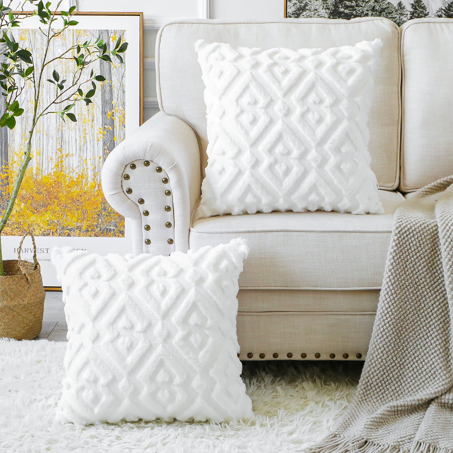 Artscope 2-Pack Soft Plush Short Wool Velvet Decorative Throw Pillow Covers - Luxury European Style Cushion Covers for Sofa & Bedroom - Diamond Shape Pure White 22x22 Inch - Perfect for Home Decor, Living Room Accent & Cozy Bedroom Styling