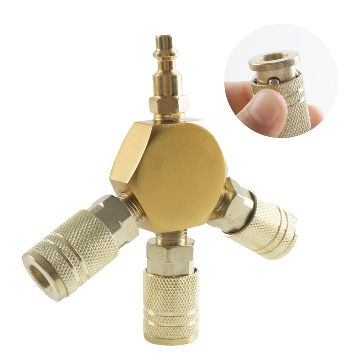 3-Way Air Splitter - 1/4 Inch NPT Hex Style Air Manifold with 3 Brass Industrial Couplers & Plugs - Air Compressor Hose Fittings - Perfect for Pneumatic Tools, Tire Inflation & Workshop Air Systems