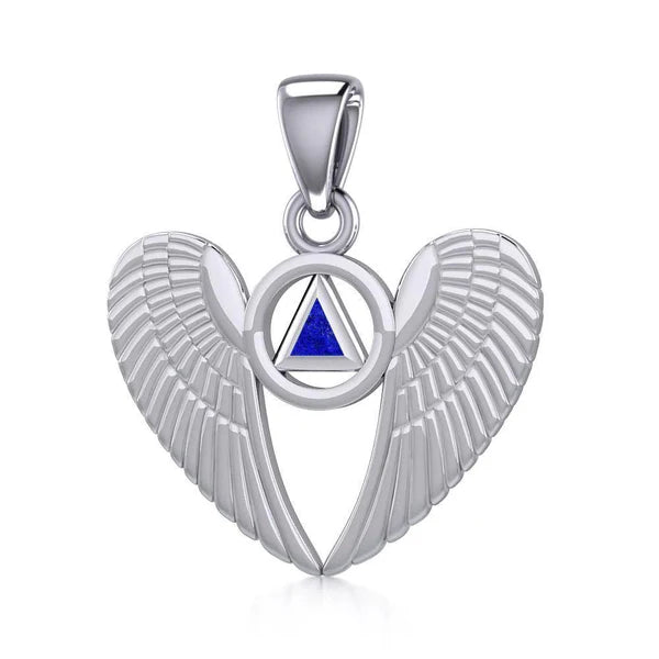 Angel Wings Sterling Silver Pendant with Inlaid Recovery Symbol - Elegant Jewelry for Healing & Inspiration - Perfect for Gifts, Recovery Milestones & Spiritual Wear