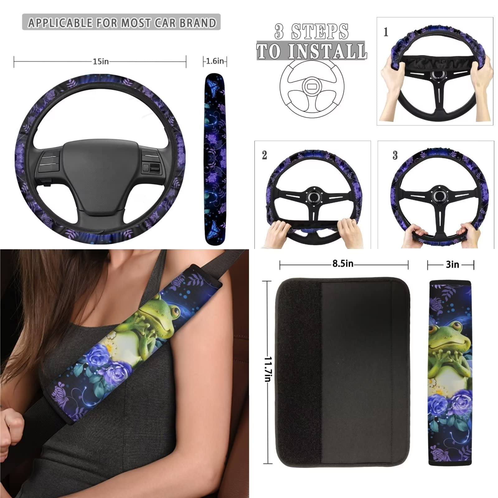 Poceacles 13-Piece Frog Flower Car Accessories Set - Includes Car Seat Covers, Steering Wheel Cover, Shoulder Pads, Cup Holders & Keychain Decor | Cute Frog-Themed Interior Upgrade for Cars, SUVs & Trucks | Perfect Gift for Women & Car Enthusiasts