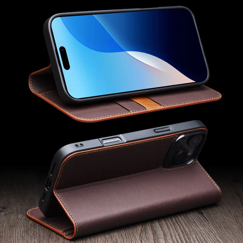 QIALINO Genuine Leather Wallet Case for iPhone 16 Pro - Handmade Premium Leather Phone Cover with Card Slots | Perfect for Everyday Use, Travel & Business (Black/Brown)