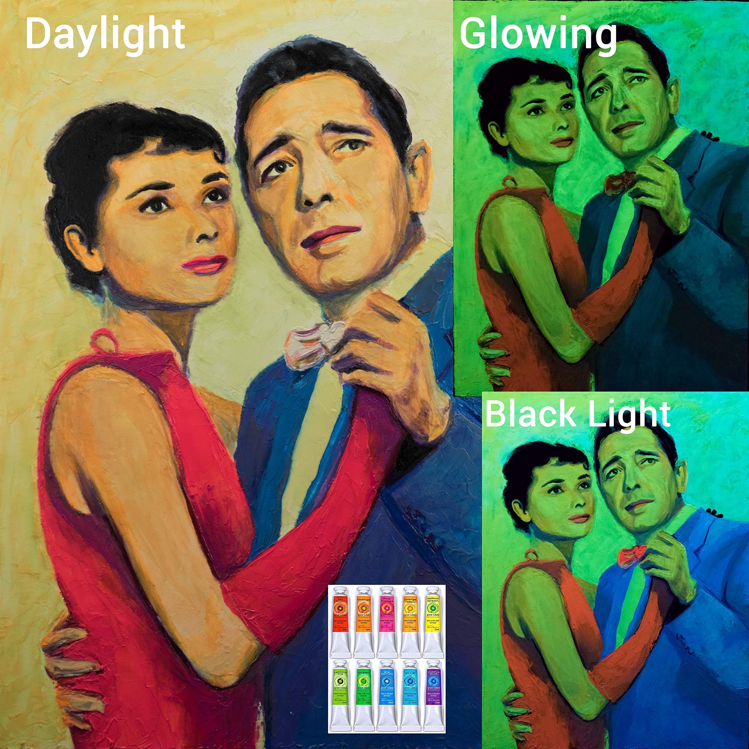Glow in The Dark Professional Oil Paint Set - 10 Vibrant Colors with Lightning Bug 37ml for Canvas Art, Night Painting & DIY Projects
