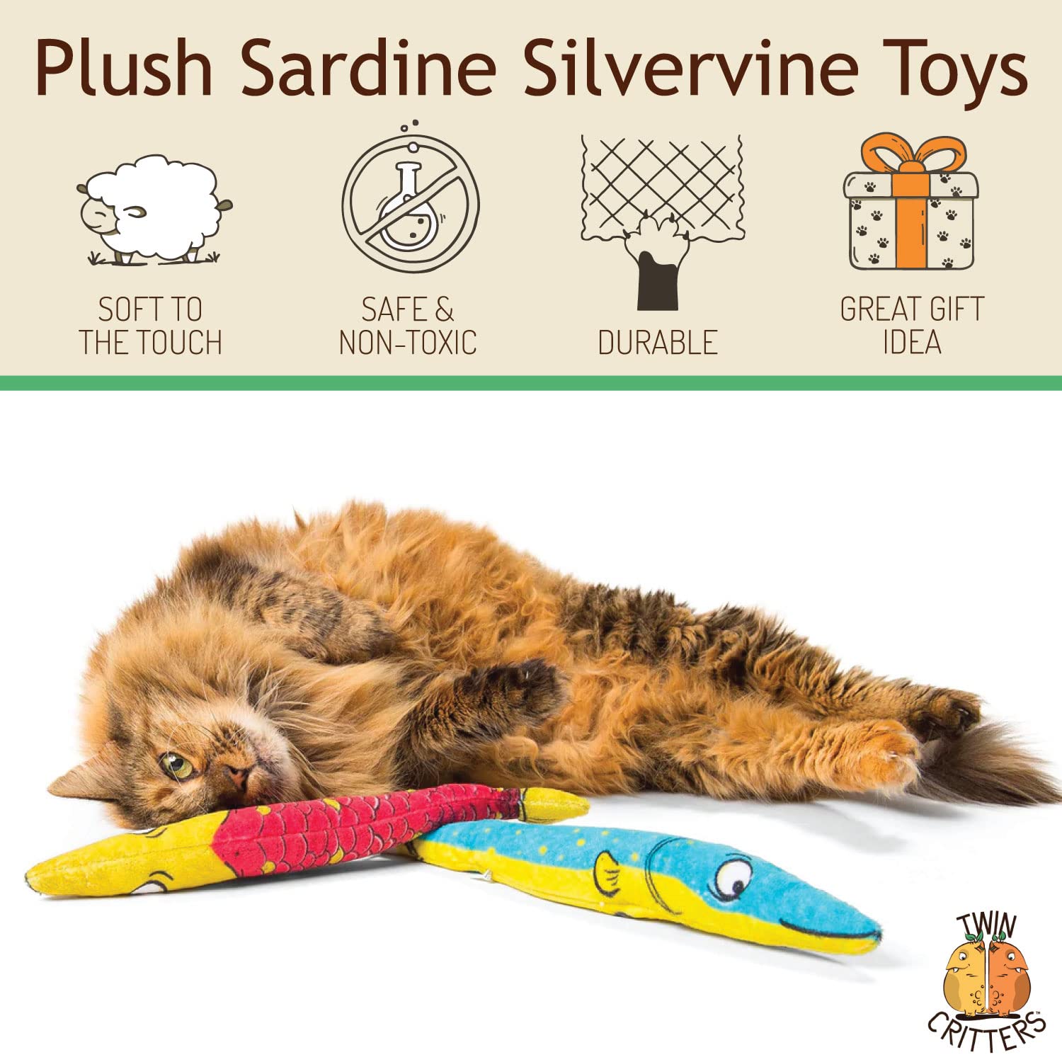 Organic Silvervine Sardine Cat Toys 2-Pack - 100% Natural Catnip Alternative for Kittens & Adult Cats | Wild Harvested Silvervine Sticks | Refillable Plush Fish Toy for Playtime & Stress Relief