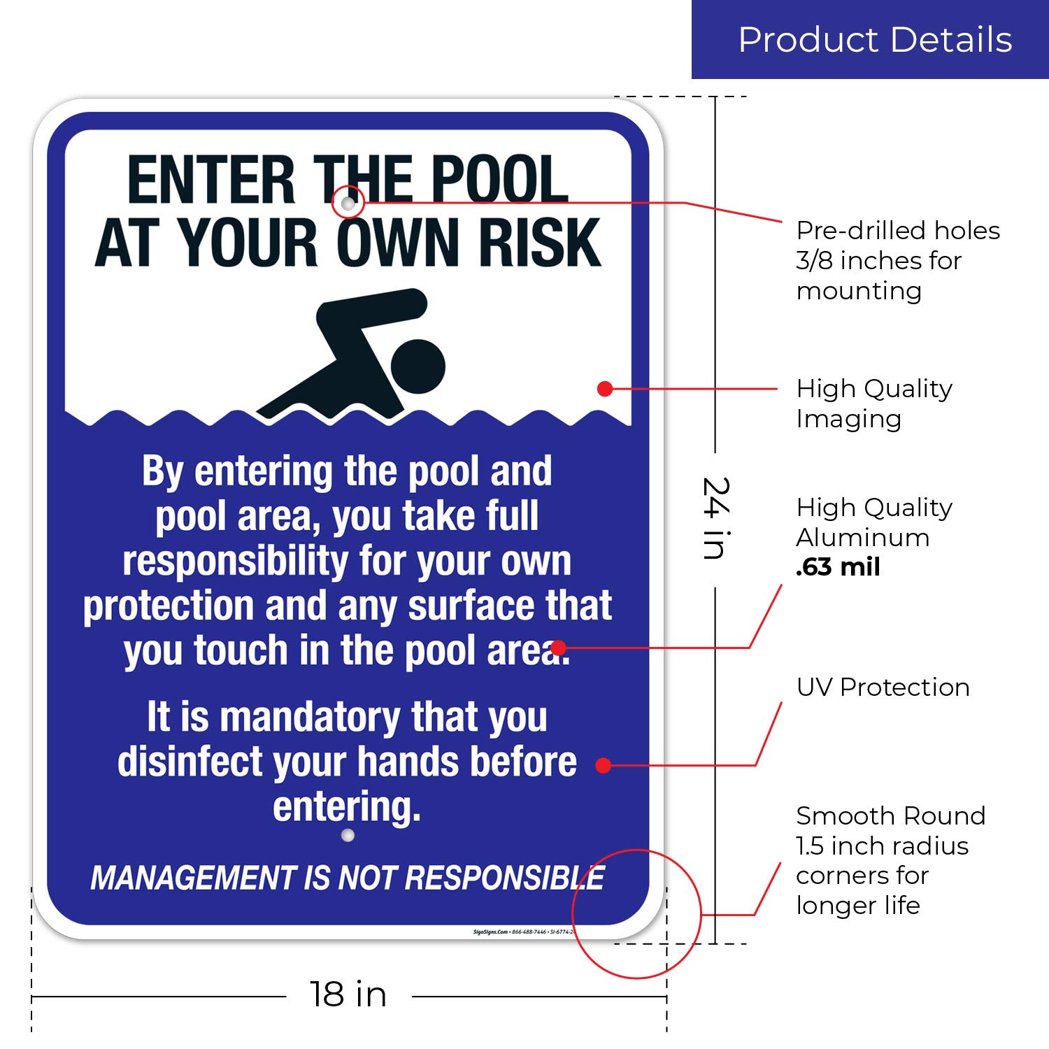 Enter The Pool at Your Own Risk Sign - 18x24 Inches Rust-Free .063 Aluminum Pool Warning Sign - Fade Resistant Indoor/Outdoor Safety Sign - Made in USA - Perfect for Backyard Pools, Community Centers & Water Parks