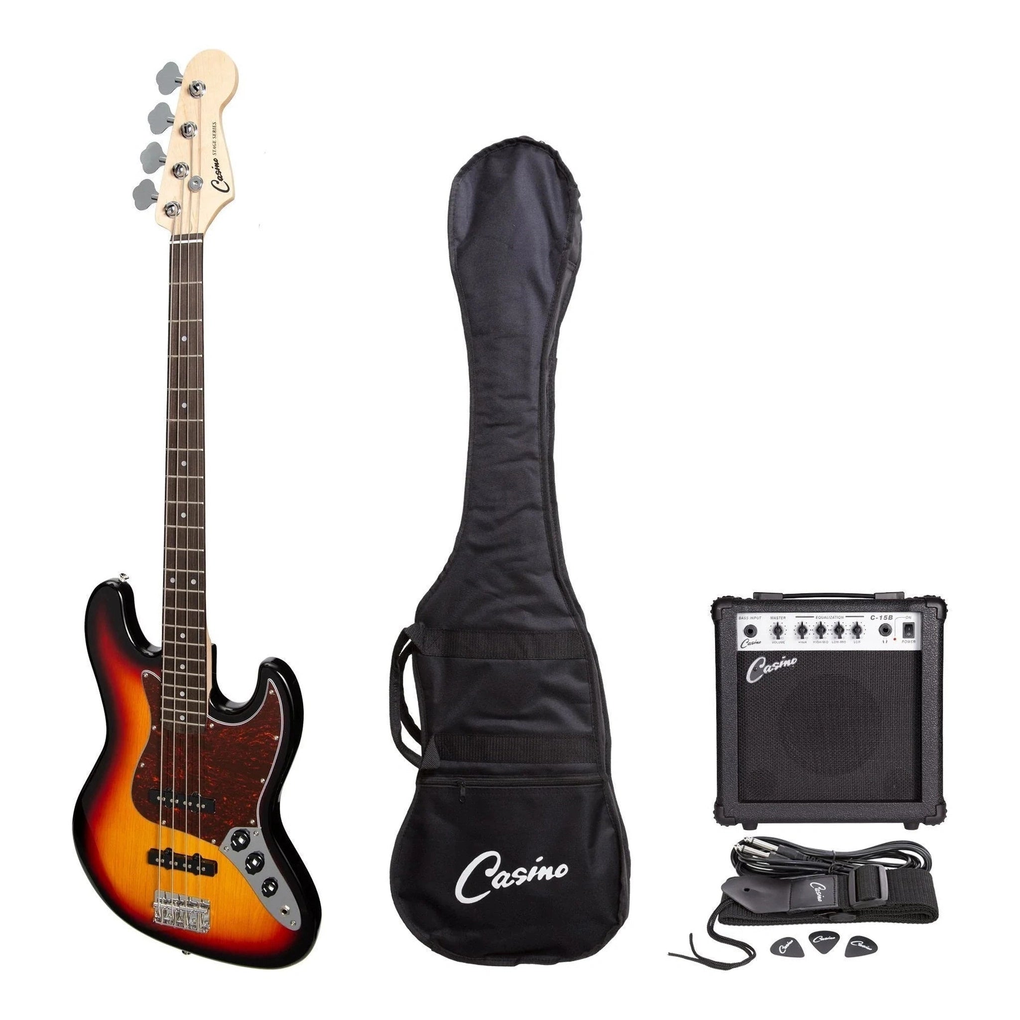 Casino J Style Electric Bass Guitar Pack with Amp - Tobacco Sunburst Finish | Perfect for Beginners, Live Performances & Studio Recording