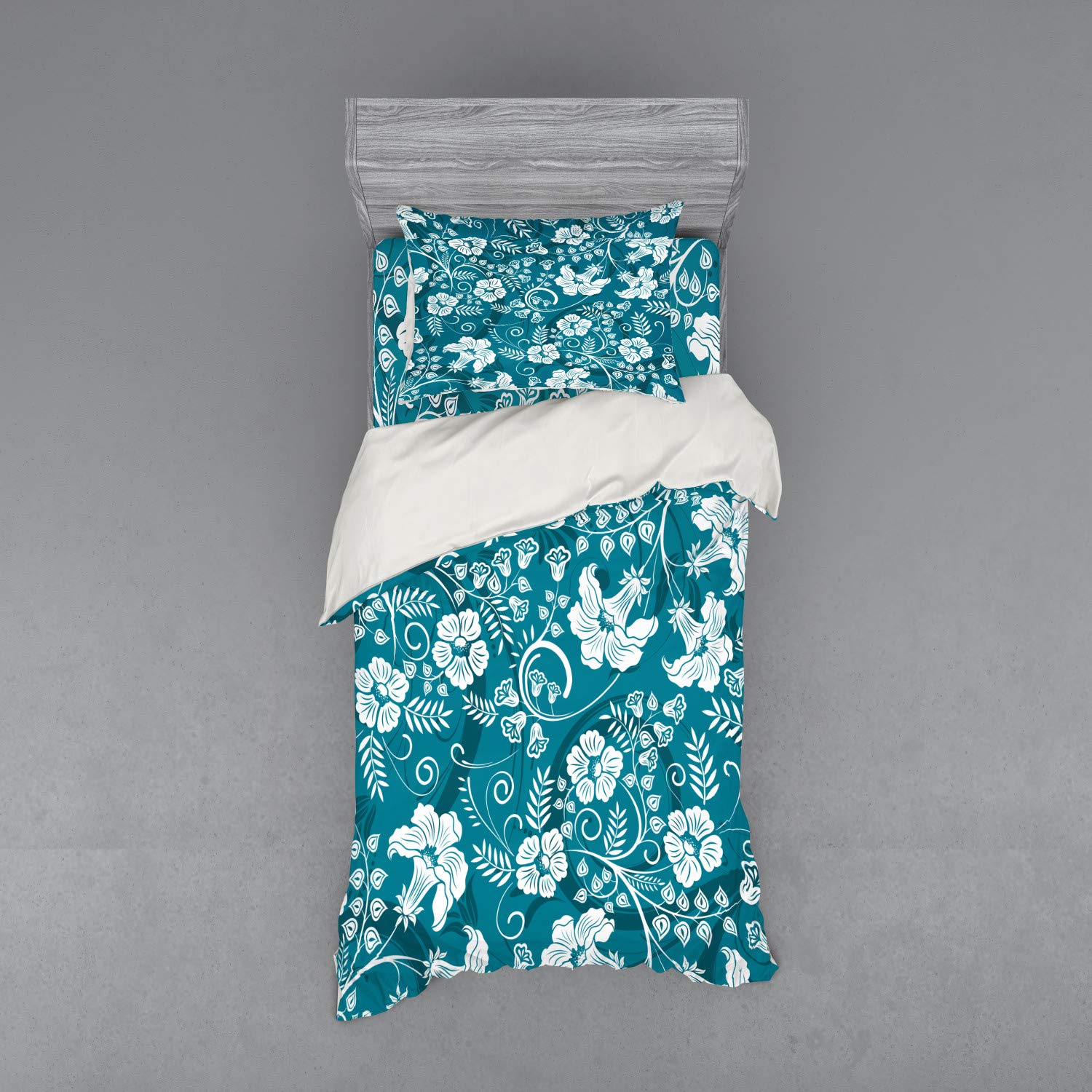 Ambesonne Floral Duvet Cover Set - 3 Piece Twin Size Bedding with Sham & Fitted Sheet, Romantic Modern Petrol Blue Teal White Design with Blossoms Leaves - Perfect for Master Bedroom, Guest Room & Bohemian Home Decor