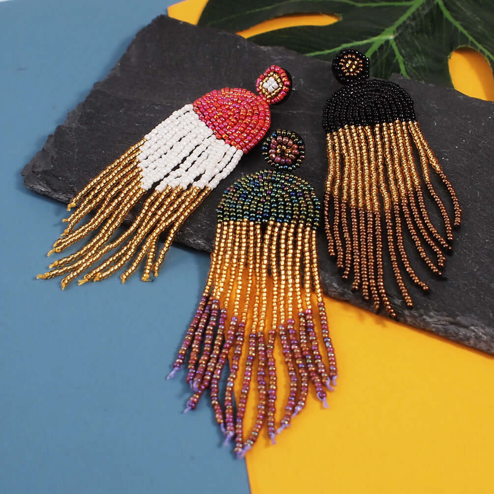 Bohemian Color Seed Beads Tassel Fringe Earrings for Women | Handmade Dangle Earrings with Natural Stones | Perfect for Festivals, Parties and Boho Fashion (Style E68671)