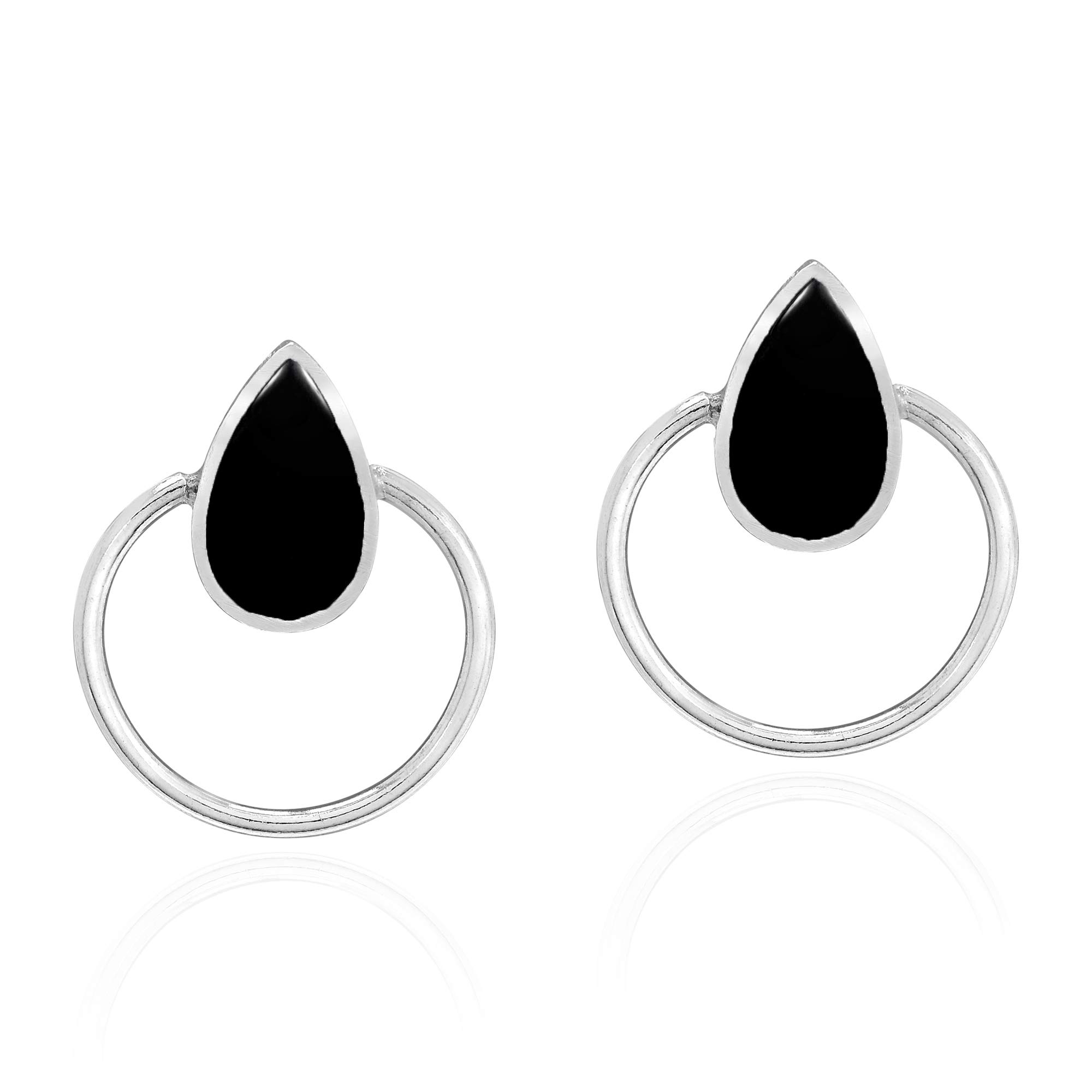AeraVida .925 Sterling Silver Teardrop Stud Earrings with Simulated Black Onyx Inlay | Elegant Circle Stud Earrings for Women | Perfect for Parties, Weddings & Everyday Wear | Hypoallergenic Jewelry Gift