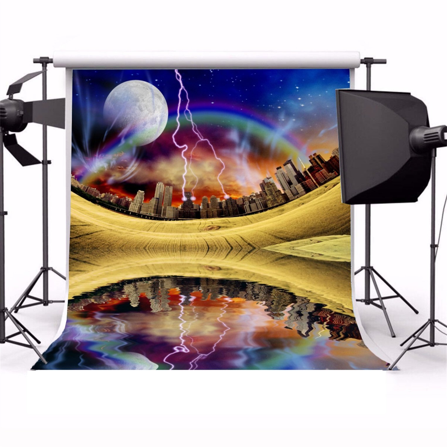 Fantasy City Buildings & Starry Sky Backdrop - 8x8ft Photography Background for Urban Landscape, Lake Reflection, Studio Props - Vinyl Wallpaper for Kids & Adults - Perfect for Portraits, Themed Parties, and Creative Photo Shoots