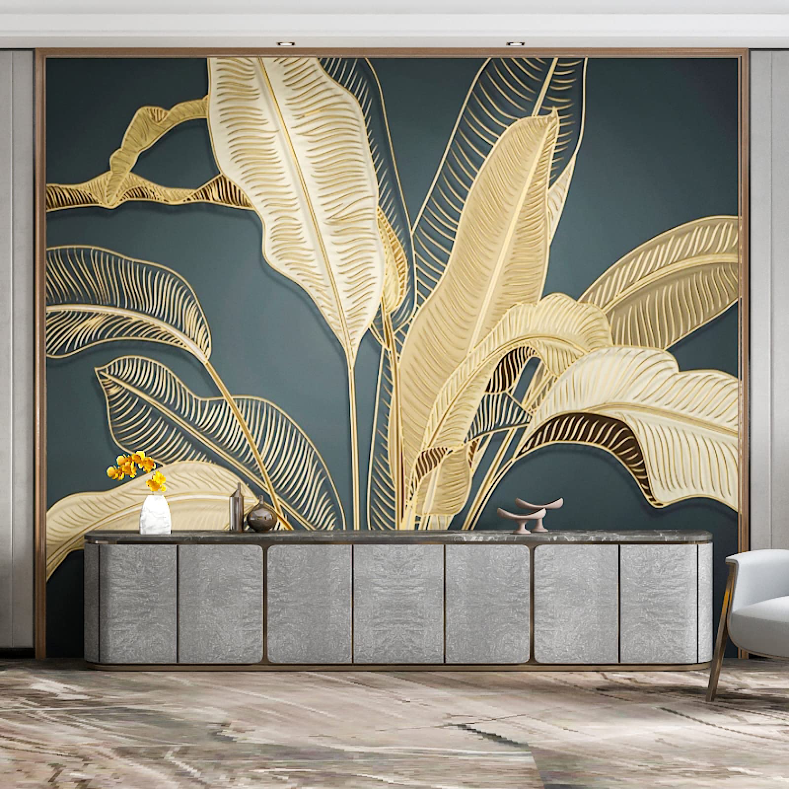 Embossed Retro Banana Leaf Wall Art Stickers Mural - Golden Texture 3D Large Wallpaper - Eco-Friendly Stain Resistant Luxury Home Decor - 157.5x110.3 inches (WxH) - Perfect for Bedroom, Living Room & Nursery Wall Painting