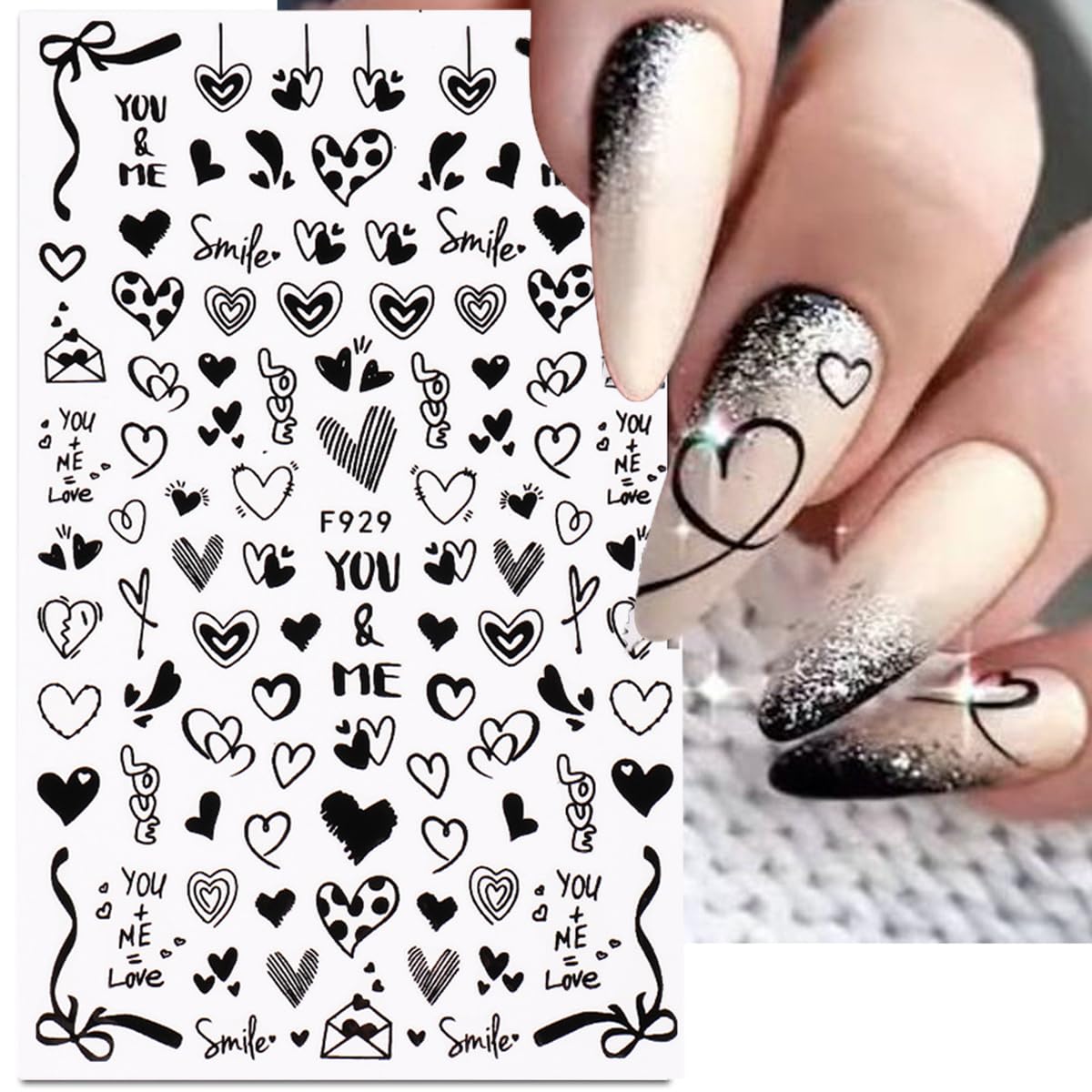 Valentine's Day Nail Art Stickers - 3D Heart Nail Decals for Women, 8PCS Self-Adhesive Love Letter Design French Manicure Tips, DIY Nail Decorations for Valentine's Gifts & Party Nail Art