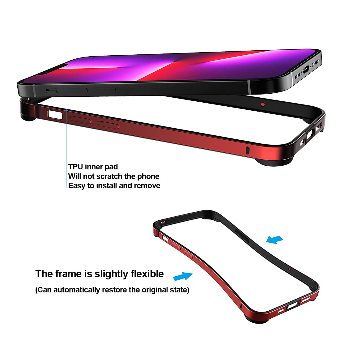 Slim Thin Phone Case for iPhone 13 Mini 5.4 Inch - Metal Bumper with Soft TPU Inner Shell | No Signal Interference | Wireless Charging Compatible | Shockproof Protective Cover | Perfect for Daily Use, Work & Travel (Red)