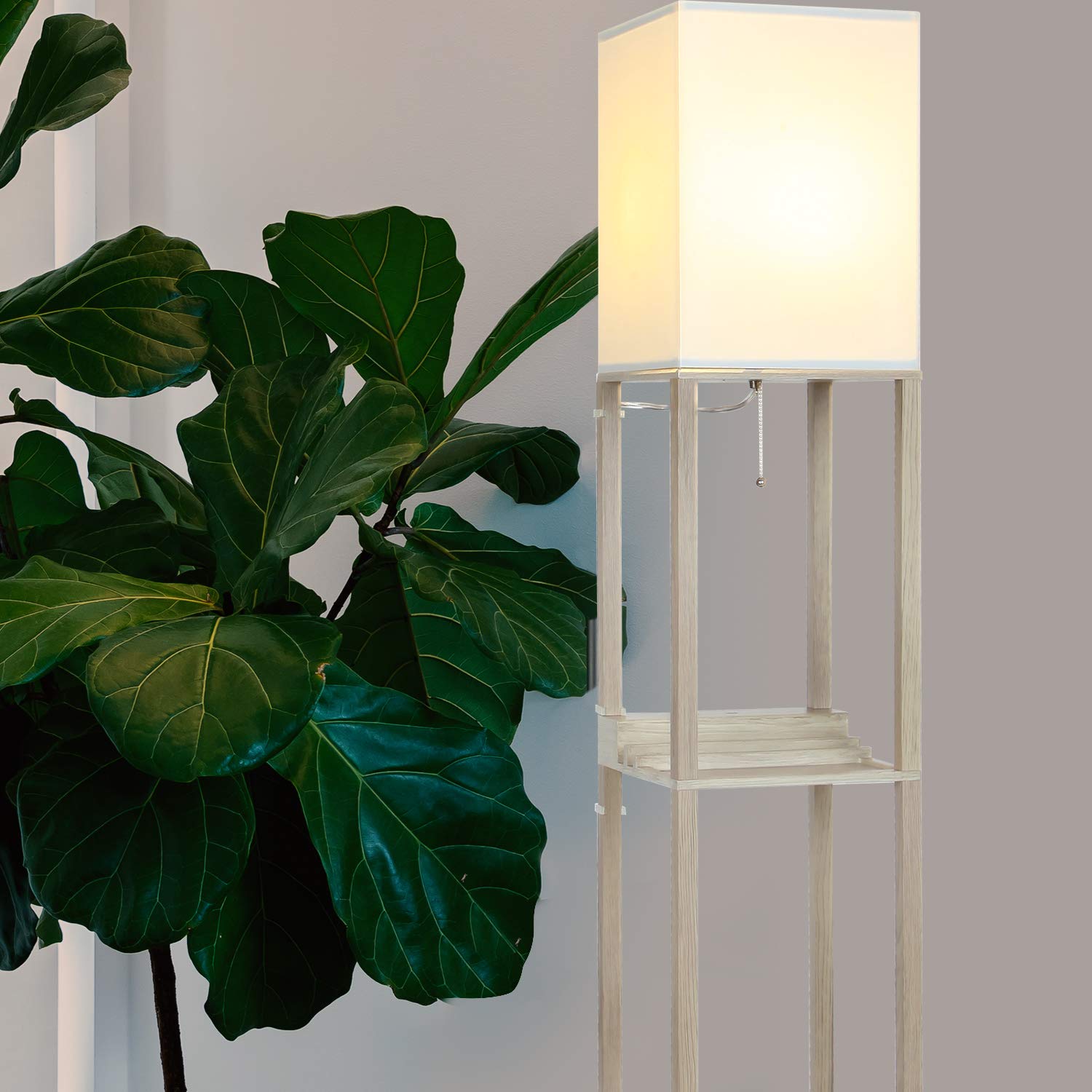 Brightech Maxwell Modern Shelf Floor Lamp with USB Ports & Outlet - Rustic Wood Corner Display Lamp for Living Room, Bedroom, Office - Perfect for Reading, Charging Devices & Home Decor